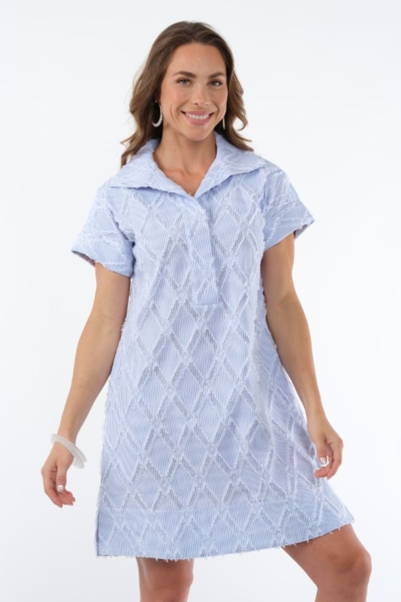 LIOR Women's Blue & White Stripe Eyelash Sleeve Knee Length Dress With Collar Side Pockets - "Agnes"