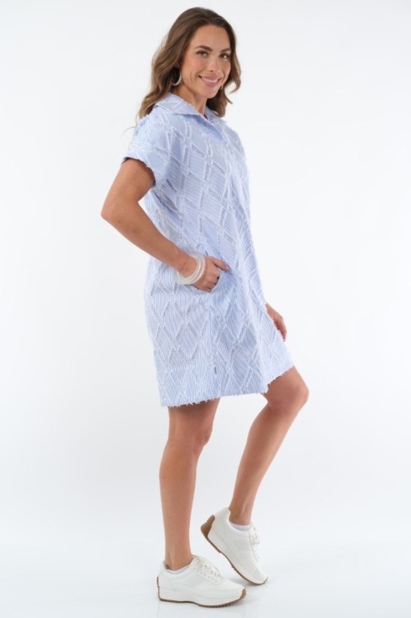 LIOR Women's Blue & White Stripe Eyelash Sleeve Knee Length Dress With Collar Side Pockets - "Agnes"
