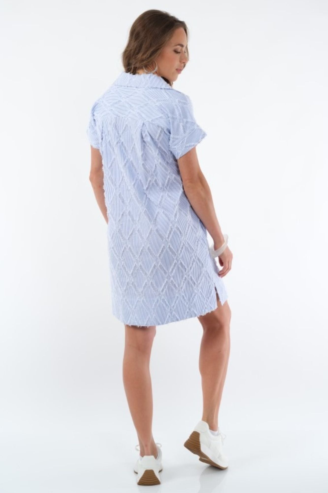LIOR Women's Blue & White Stripe Eyelash Sleeve Knee Length Dress With Collar Side Pockets - "Agnes"