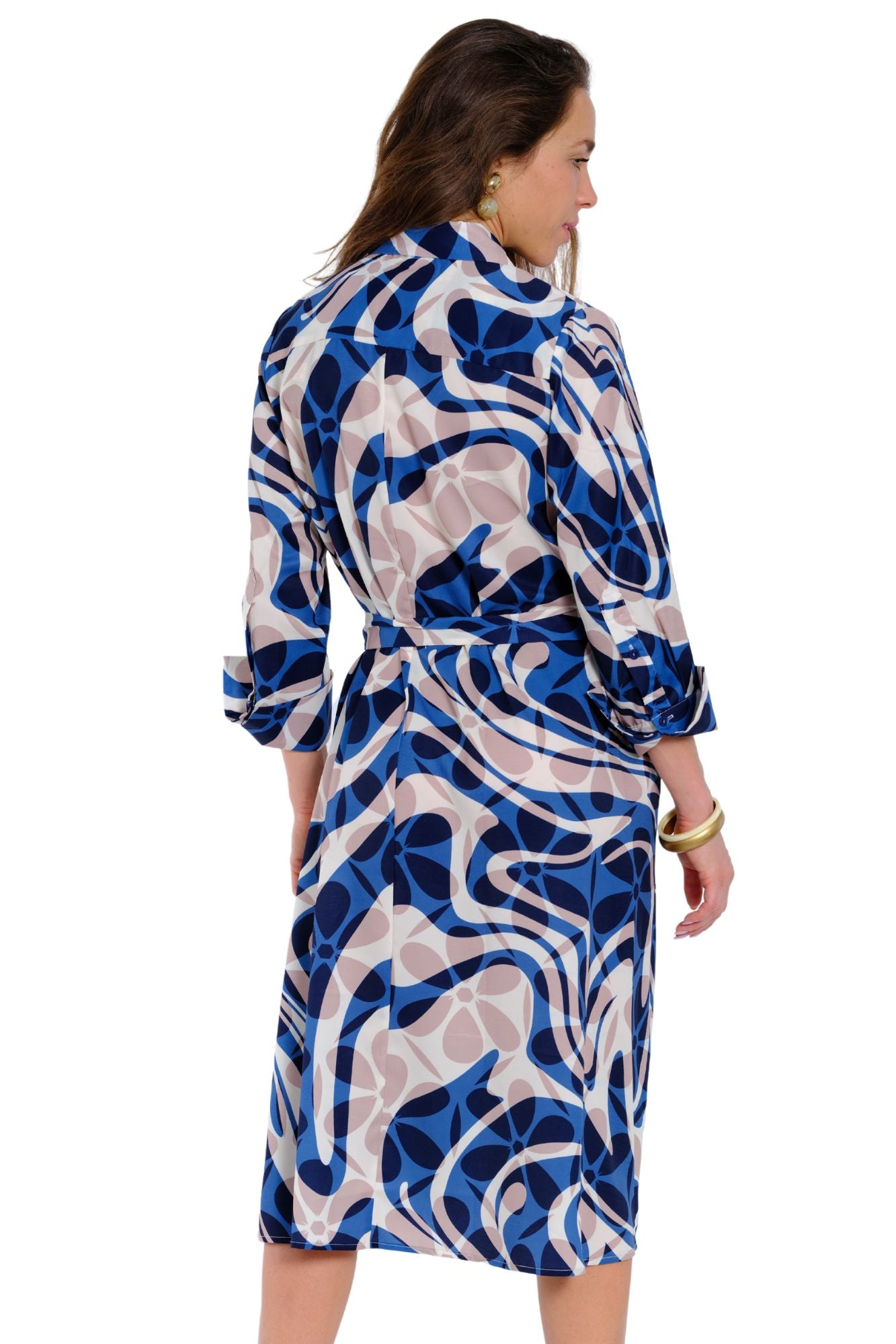 Blue long dress with sleeves and belt on waist for women