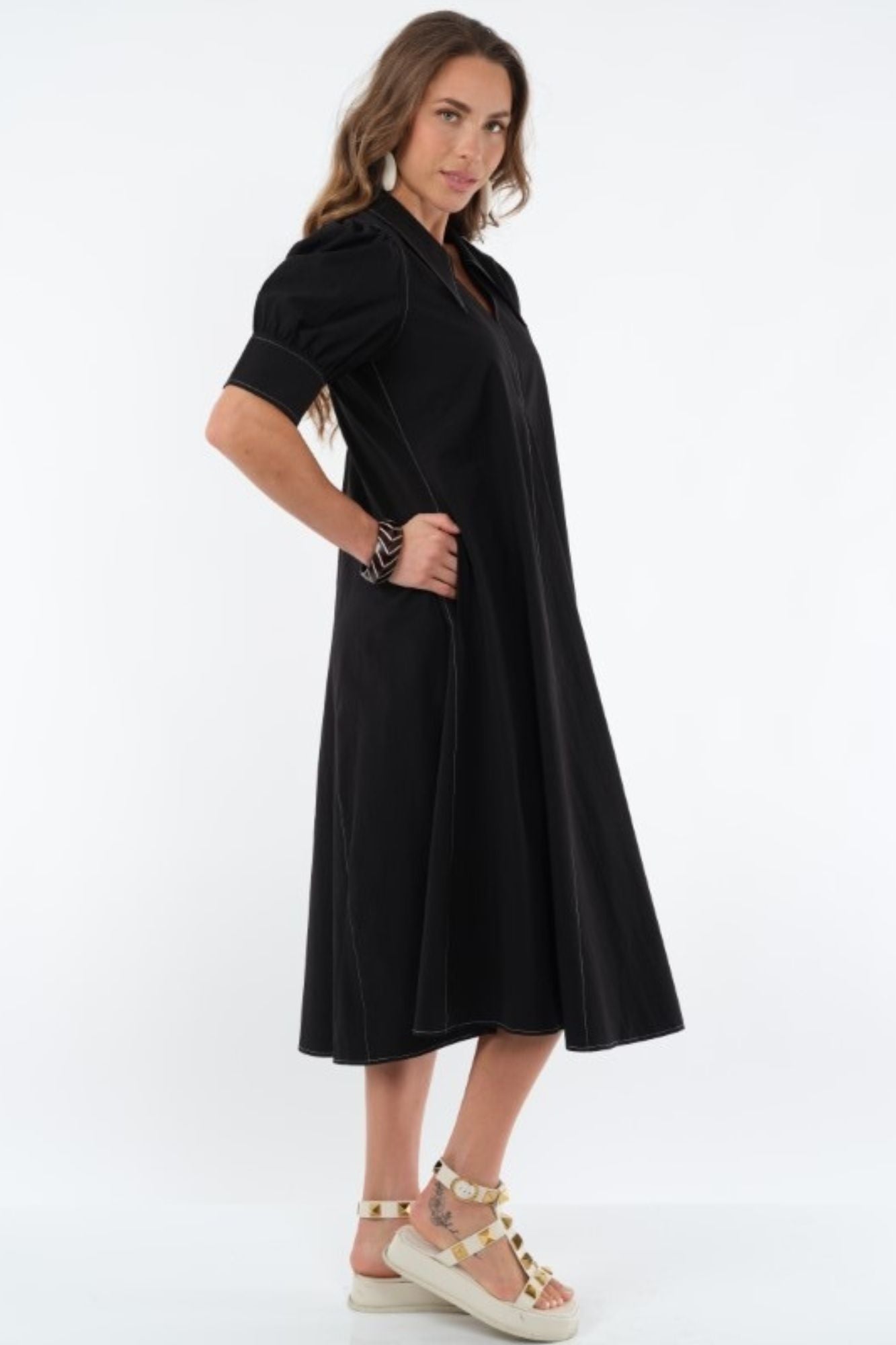 LIOR Women's Long Pointed Collar Black Dress With Puff Sleeves - "Amber"
