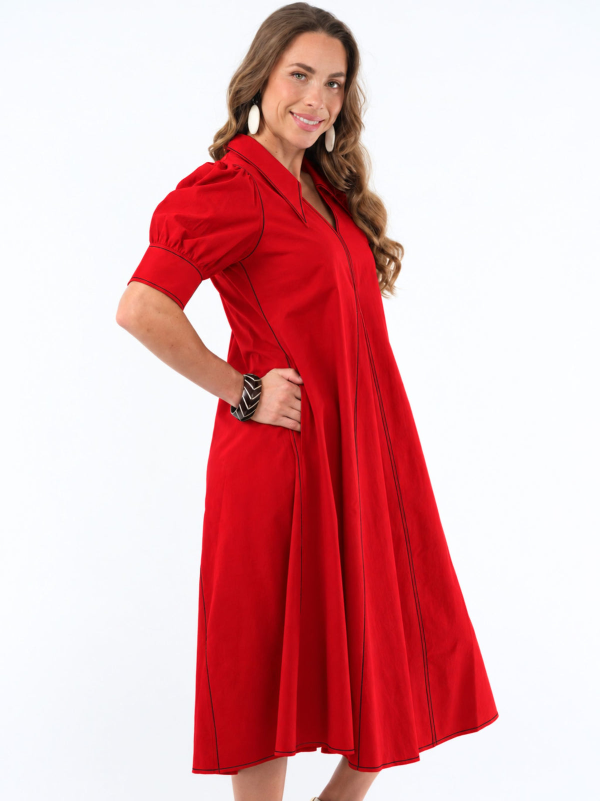 LIOR Women's Long Pointed Collar Red Dress With Puff Sleeves - "Amber"