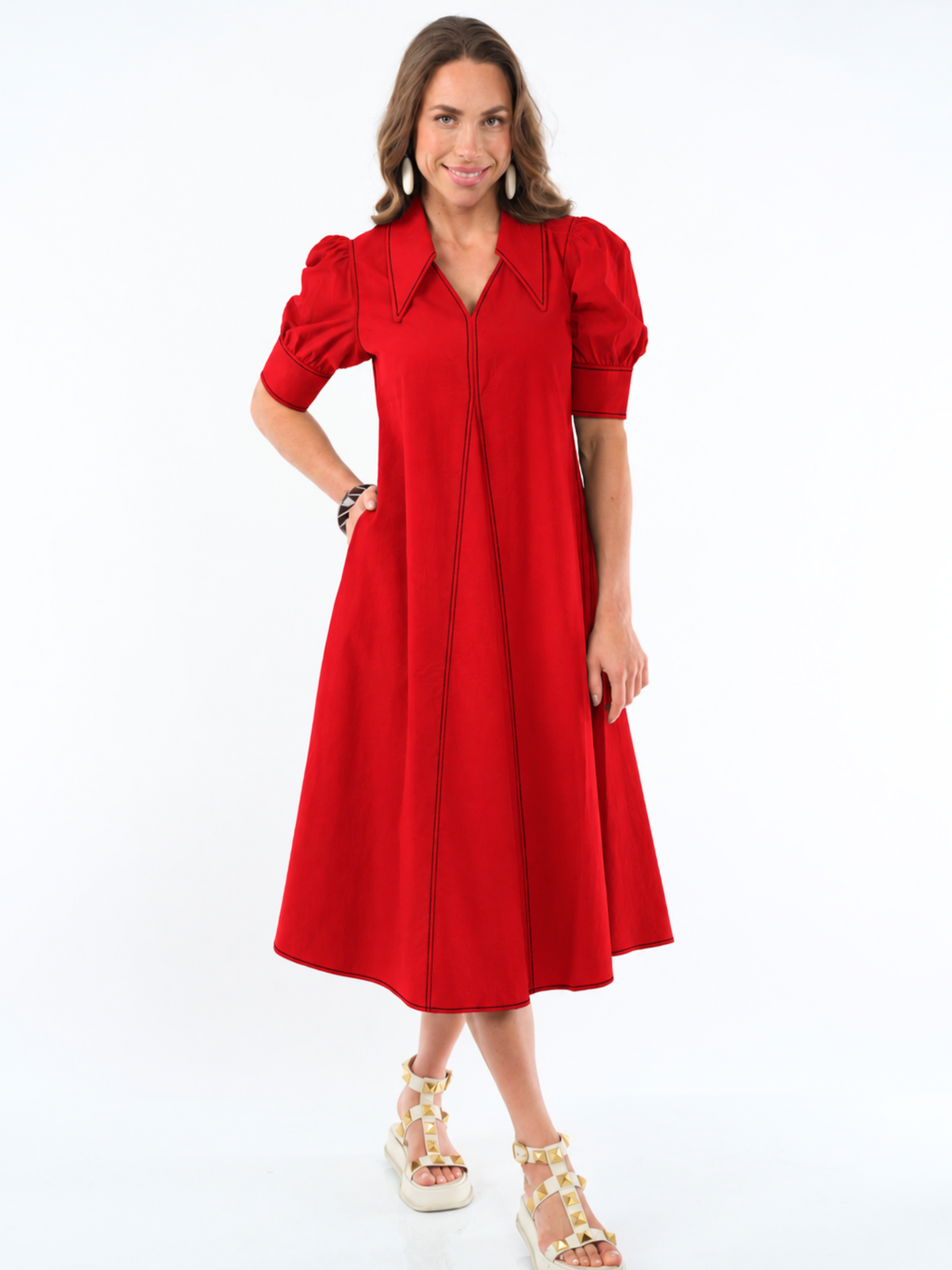 LIOR Women's Long Pointed Collar Red Dress With Puff Sleeves - "Amber"