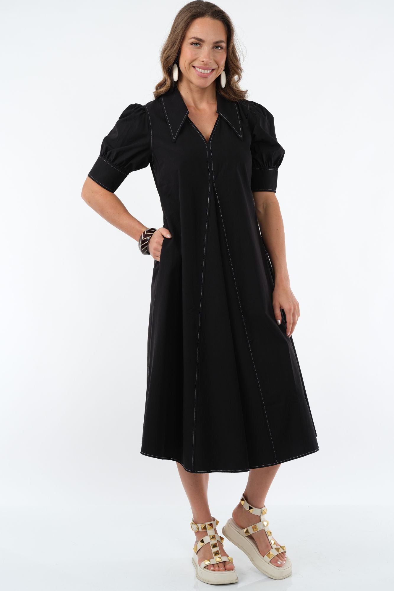 LIOR Women's Long Pointed Collar Black Dress With Puff Sleeves - "Amber"