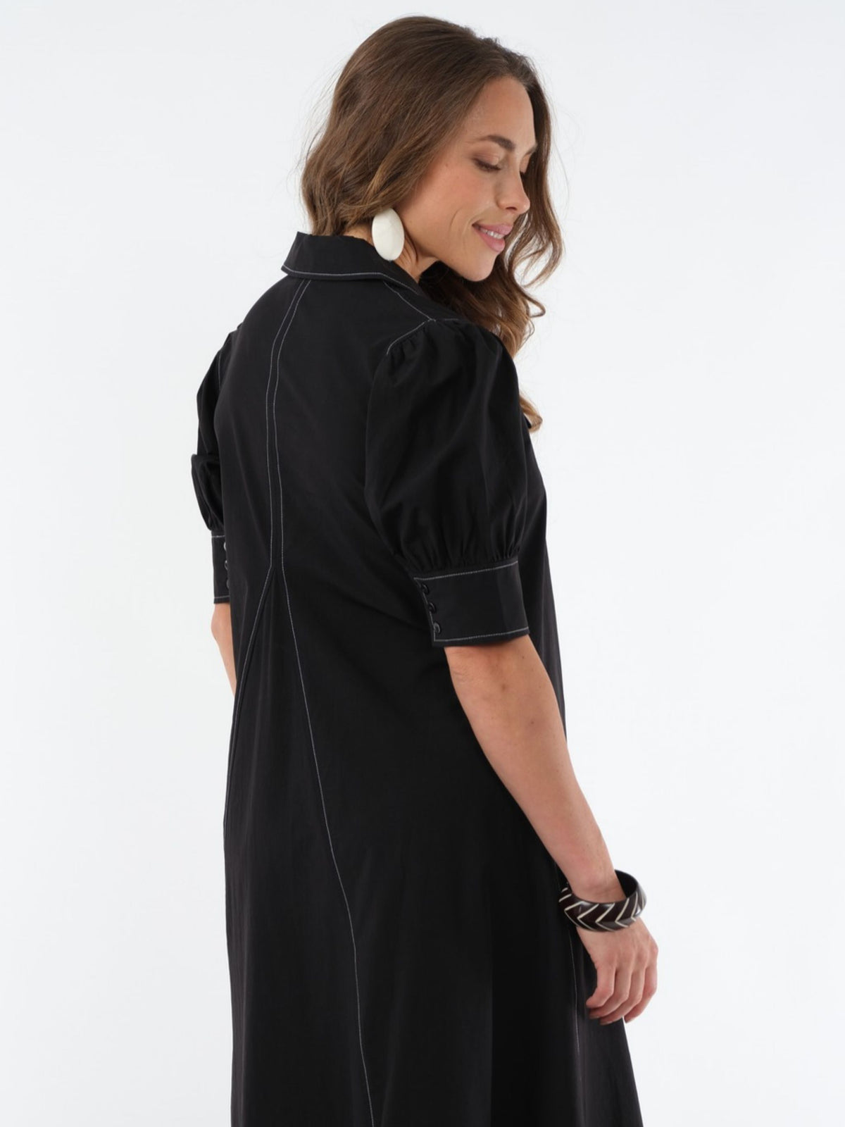 LIOR Women's Long Pointed Collar Black Dress With Puff Sleeves - "Amber"