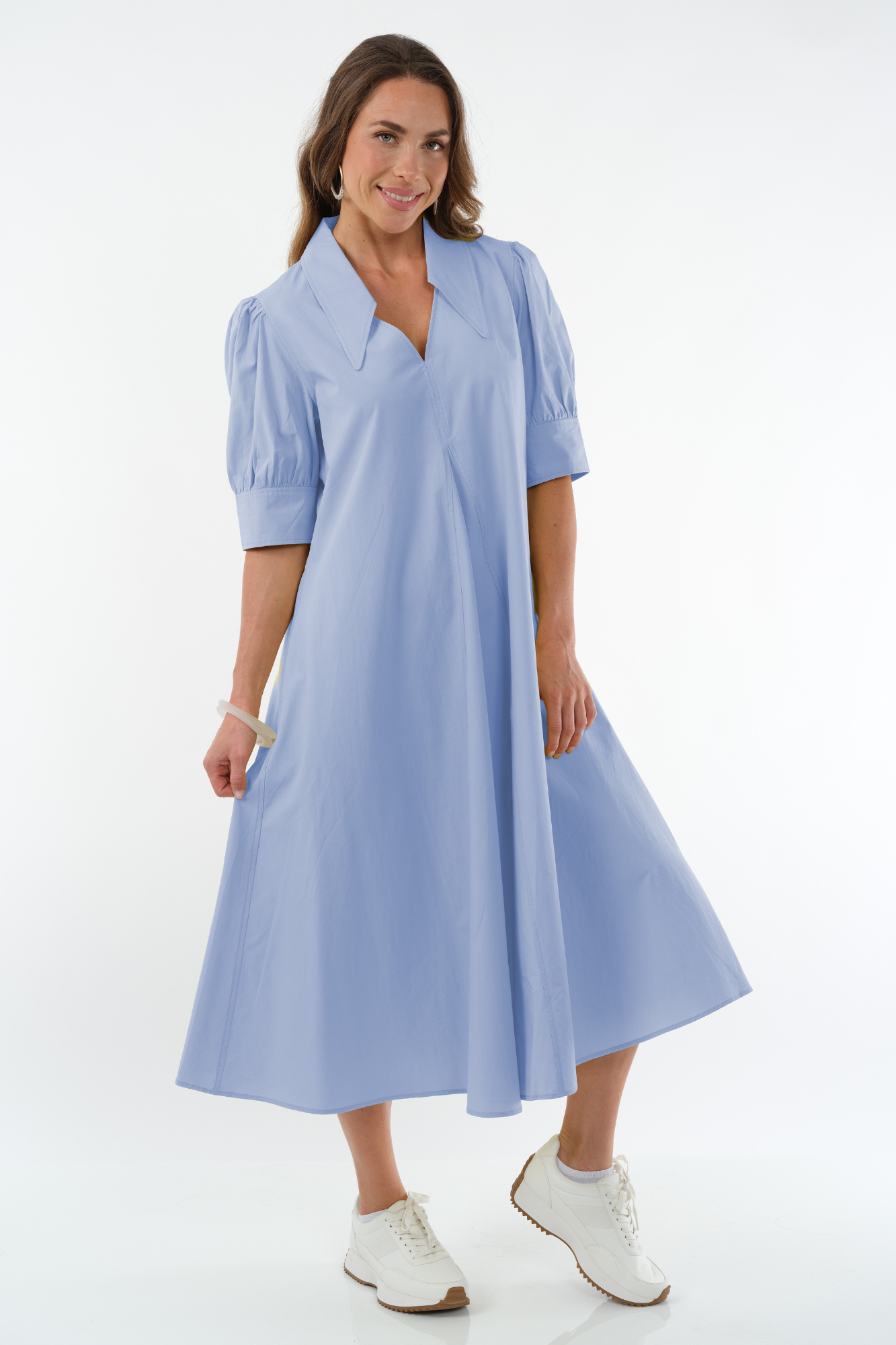 LIOR Women's Long Pointed Collar Dress With Puff Sleeves - "Amber"