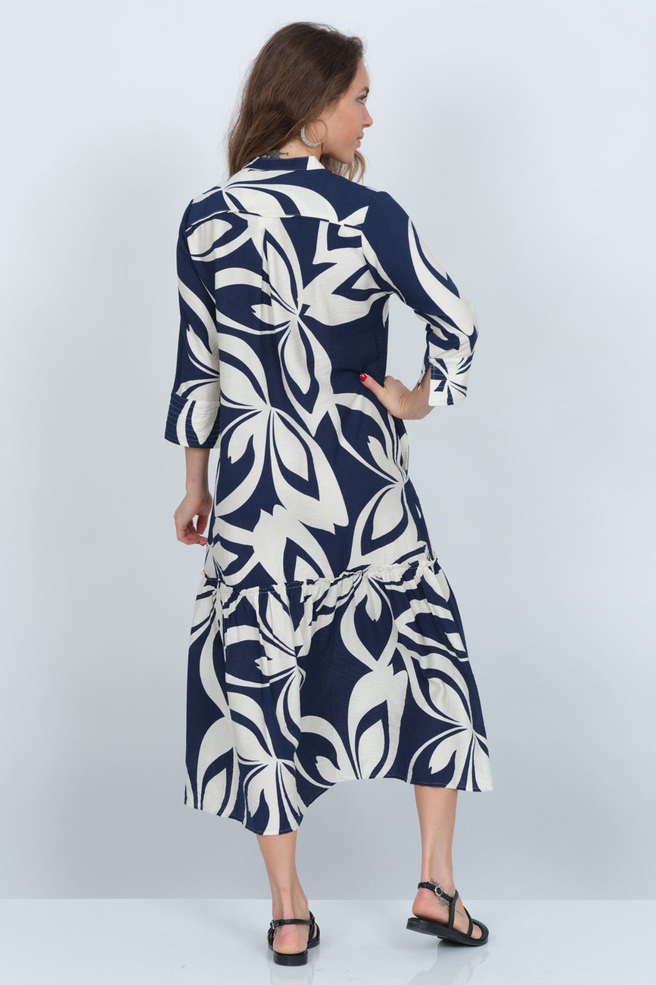 Women's Long Maxi Dress Leaf Print With 3/4 Cuff Sleeves- "Amsterdam"