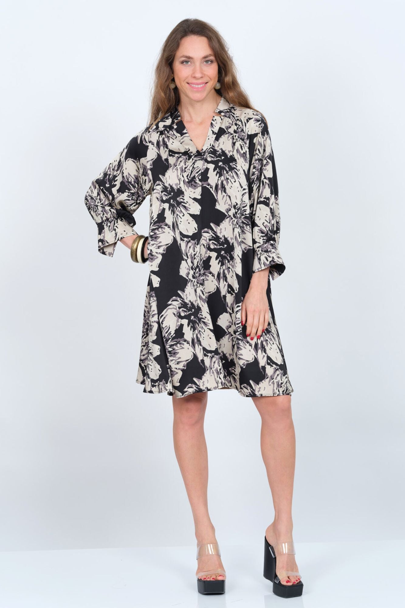 LIOR Women's Black & Beige V-Neck Floral Slip On Dress - "Angel"