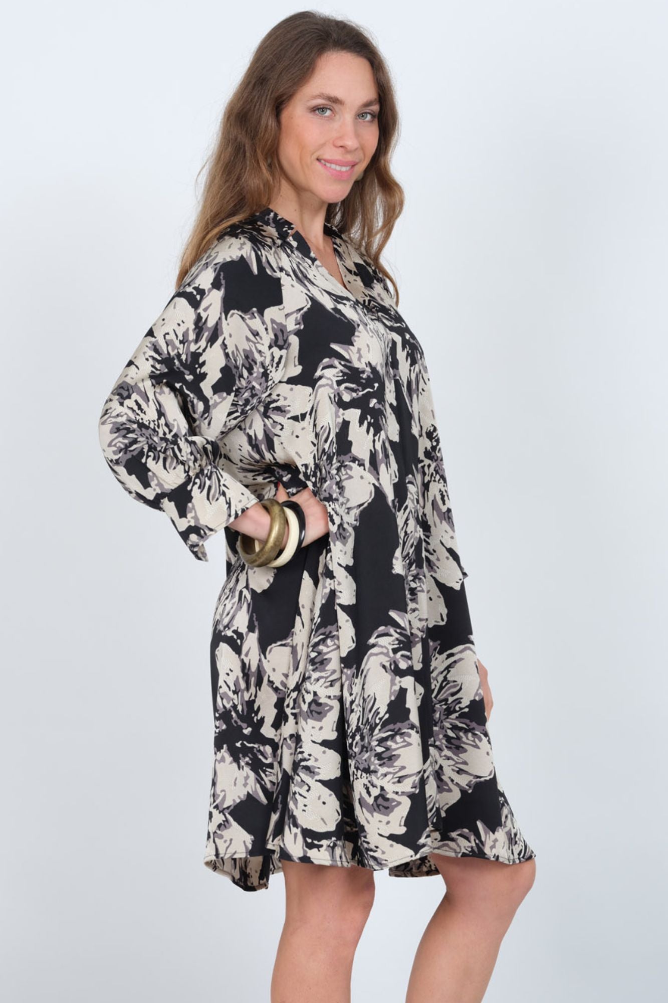LIOR Women's Black & Beige V-Neck Floral Slip On Dress - "Angel"