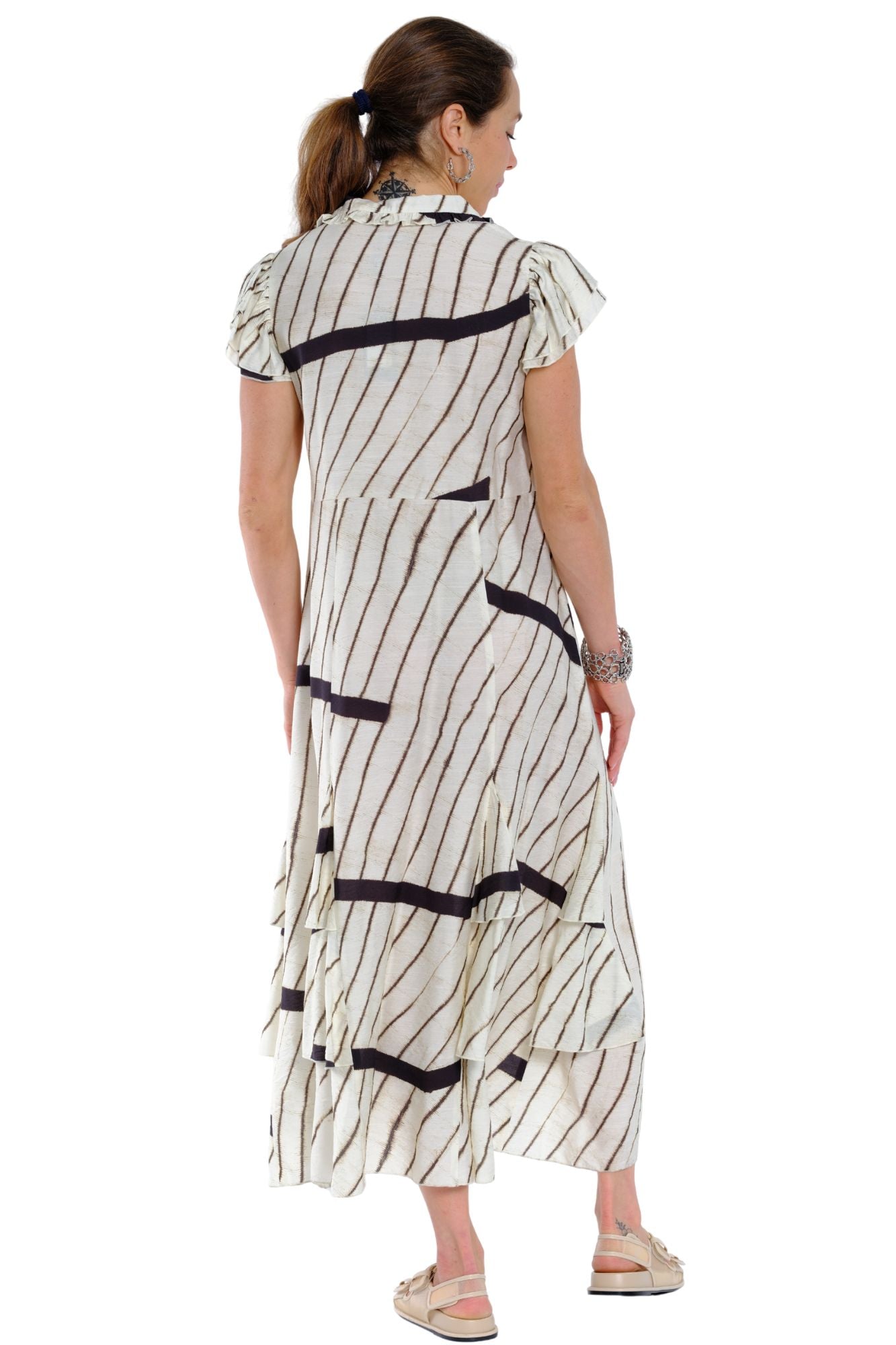 Striped ruffle sleeve dress for women in black and white pattern