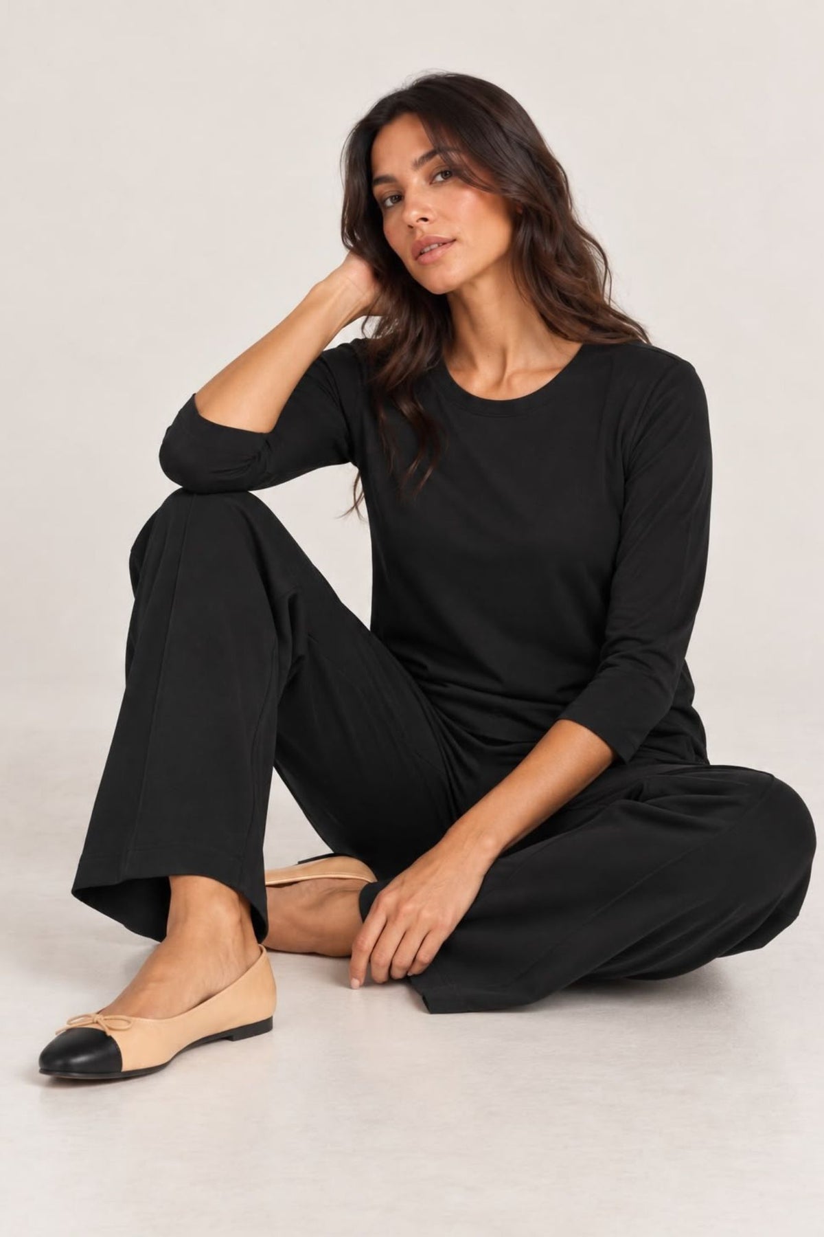Women's 2 Piece Black Leisure Set Ft. Zofi 3/4 Knit Top & 28" Inseam Pull On Tapered Pant - "Zia"