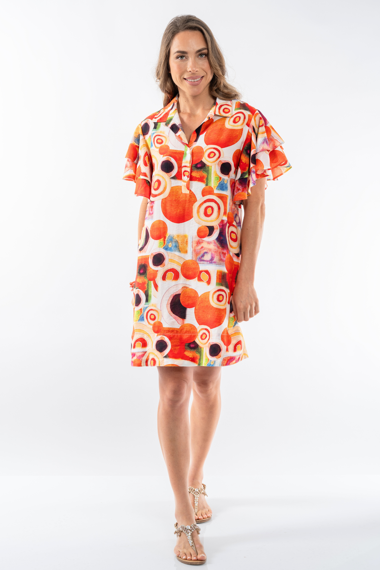 LIOR Women's Bright Orange Multi Print Knee Length Dress With Collar & Flounce Sleeves Side Pockets - "Ace"