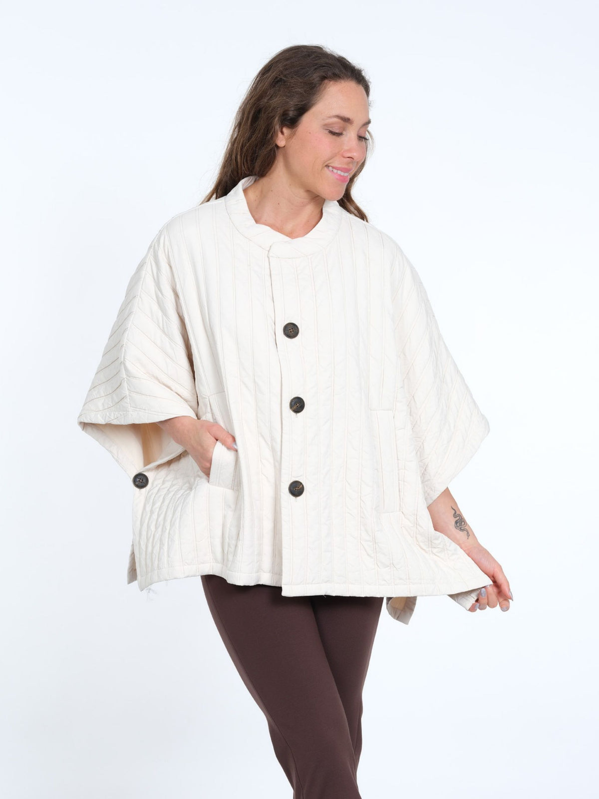 Women's Button Front Ecru Quilted Poncho with Pockets - One Size - "Cody"