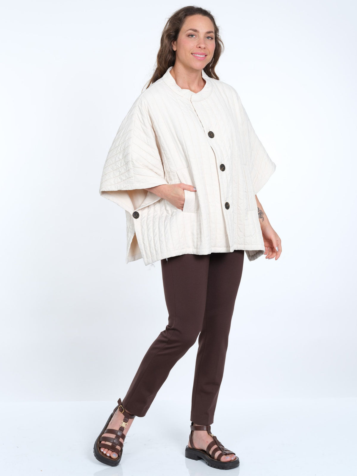 Women's Button Front Ecru Quilted Poncho with Pockets - One Size - "Cody"