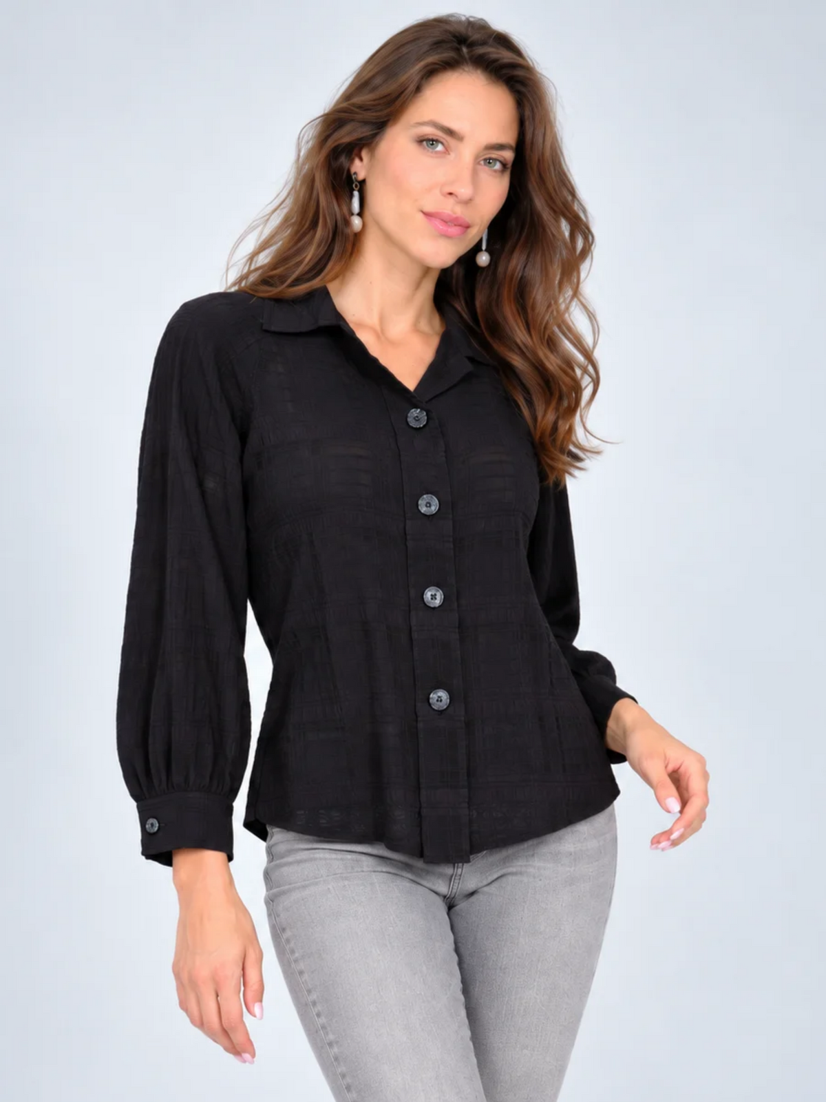 LIOR Women's Black Long Sleeve Textured Button Front Blouse - "Columbia"
