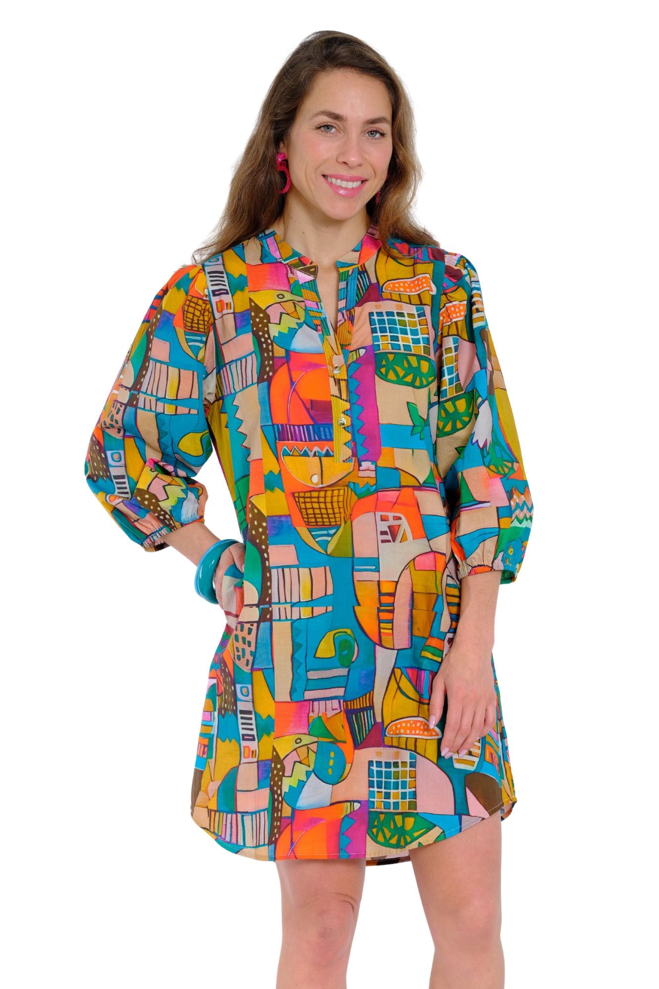 Colorful abstract print tunic dress for women with 3/4 puff sleeves and band collar