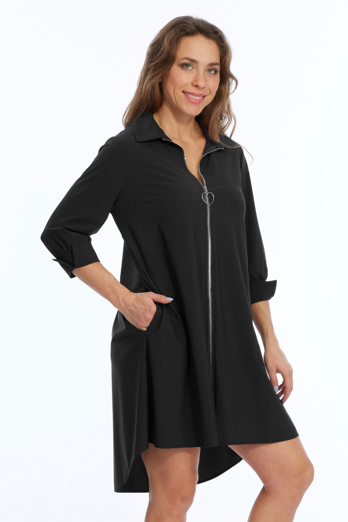 LIOR Women's Zip Up Knee Dress 3/4 Sleeves