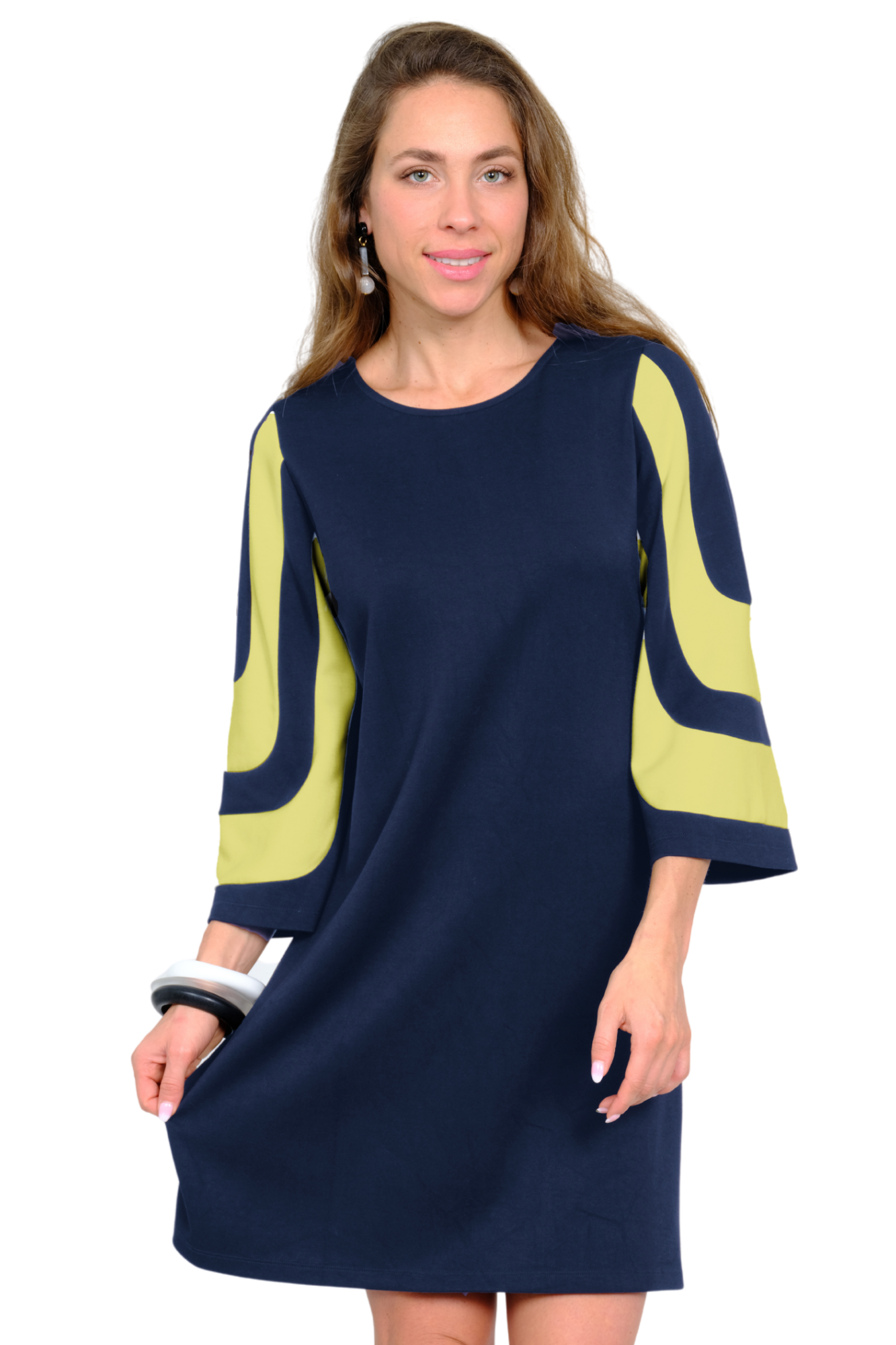 LIOR Women's Navy & Lime Round Neck Soft Knit 3/4 Sleeves - "Denmark"