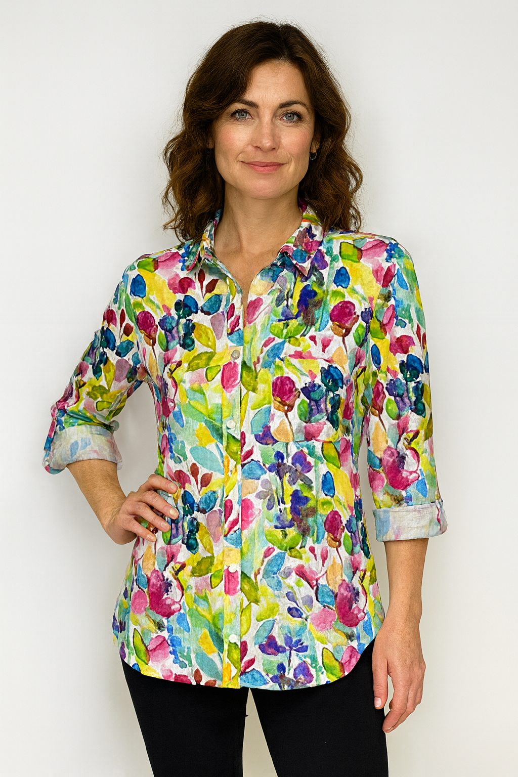 Lior Women's Floral Button Front Shirt With Roll Tab Sleeves