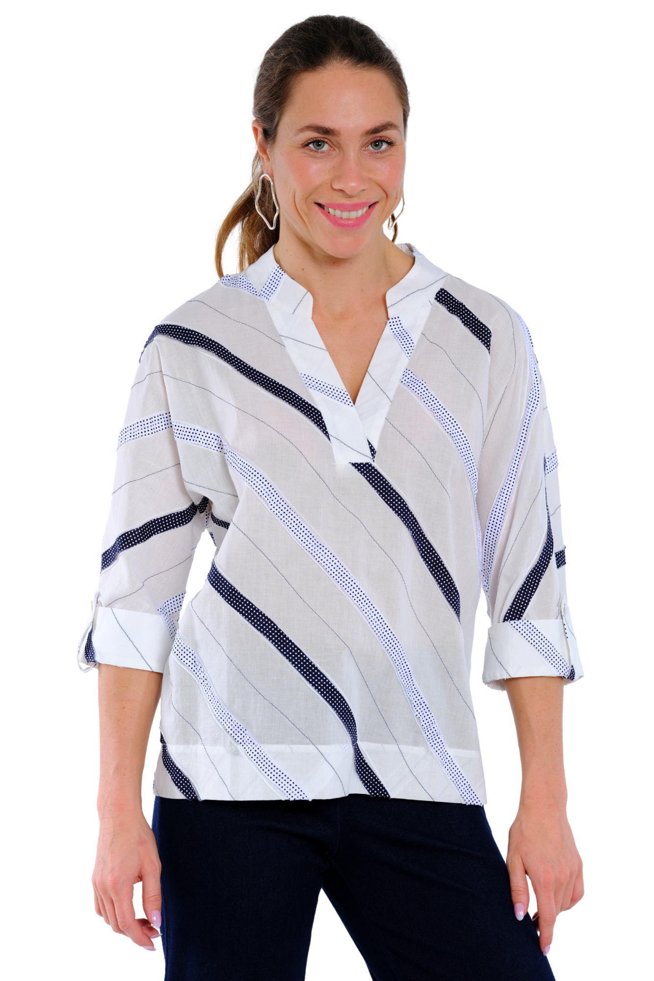 Lior Women's Pull Over V Neck White & Navy Striped Cotton Blouse - "FRIDA"