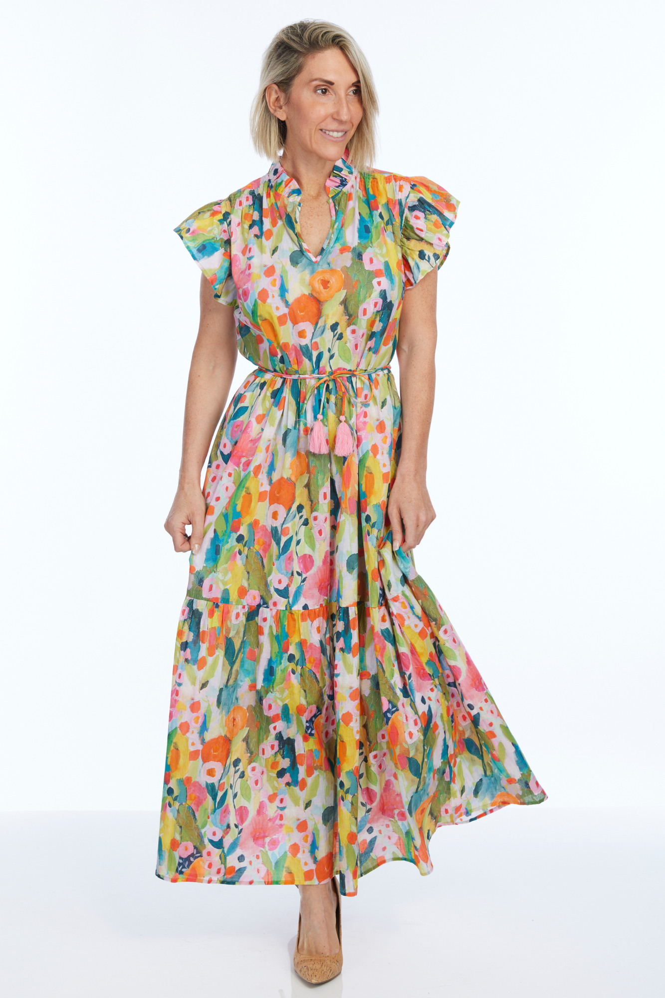 LIOR Women's Long Dress With Short Sleeves Multi Abstract Print - "Sophiya"