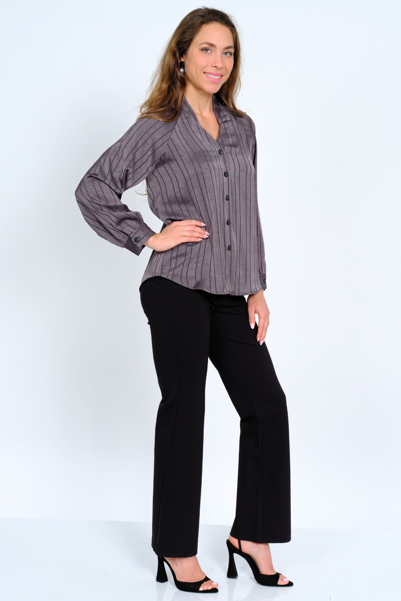 Women's Elegant Grey Silky Satin Button Front Blouse With Cut Out Back - "Camryn"