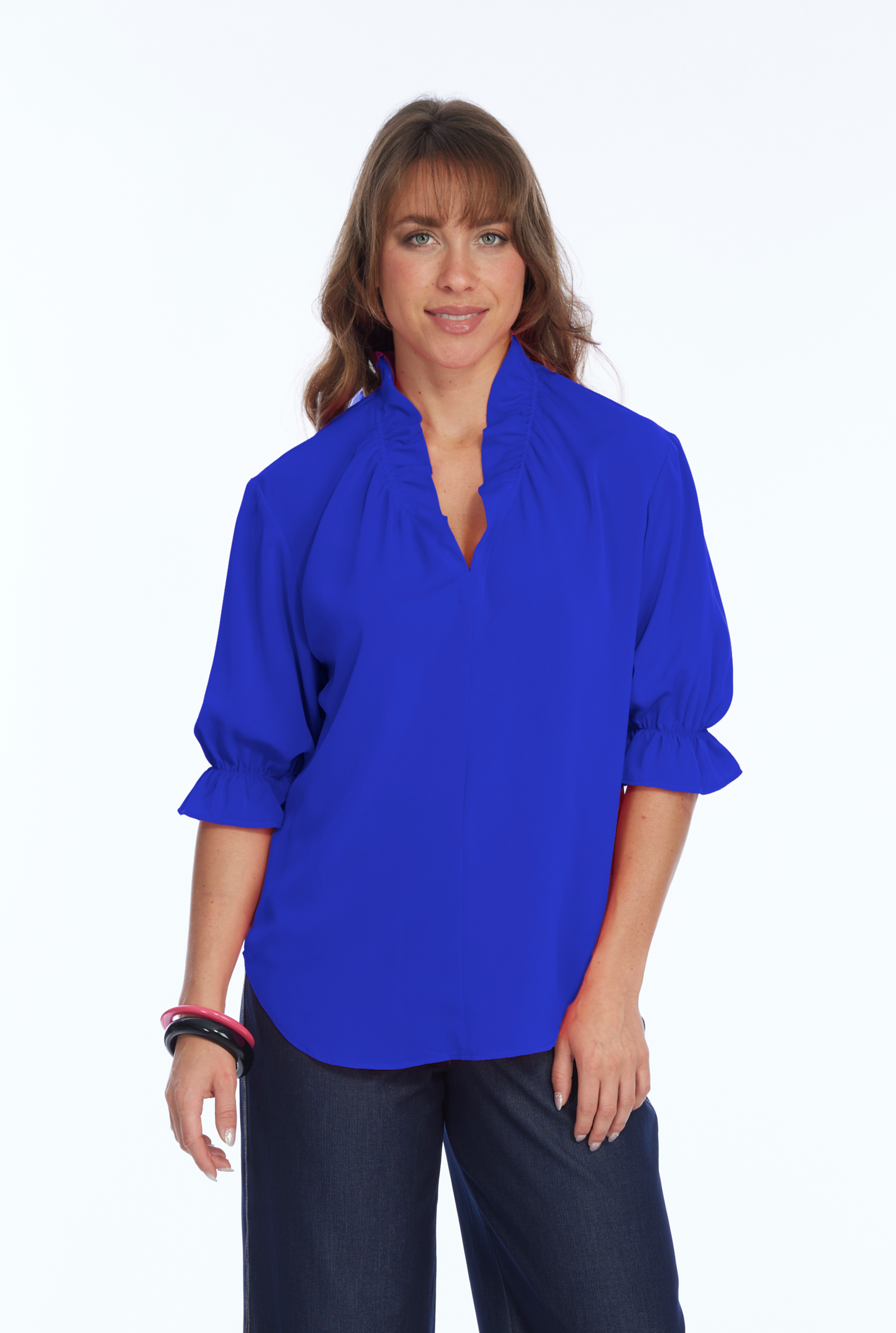 Women's 3/4 Ruffle Sleeve & V-Neck Blouse - Cobalt | Harper LIOR