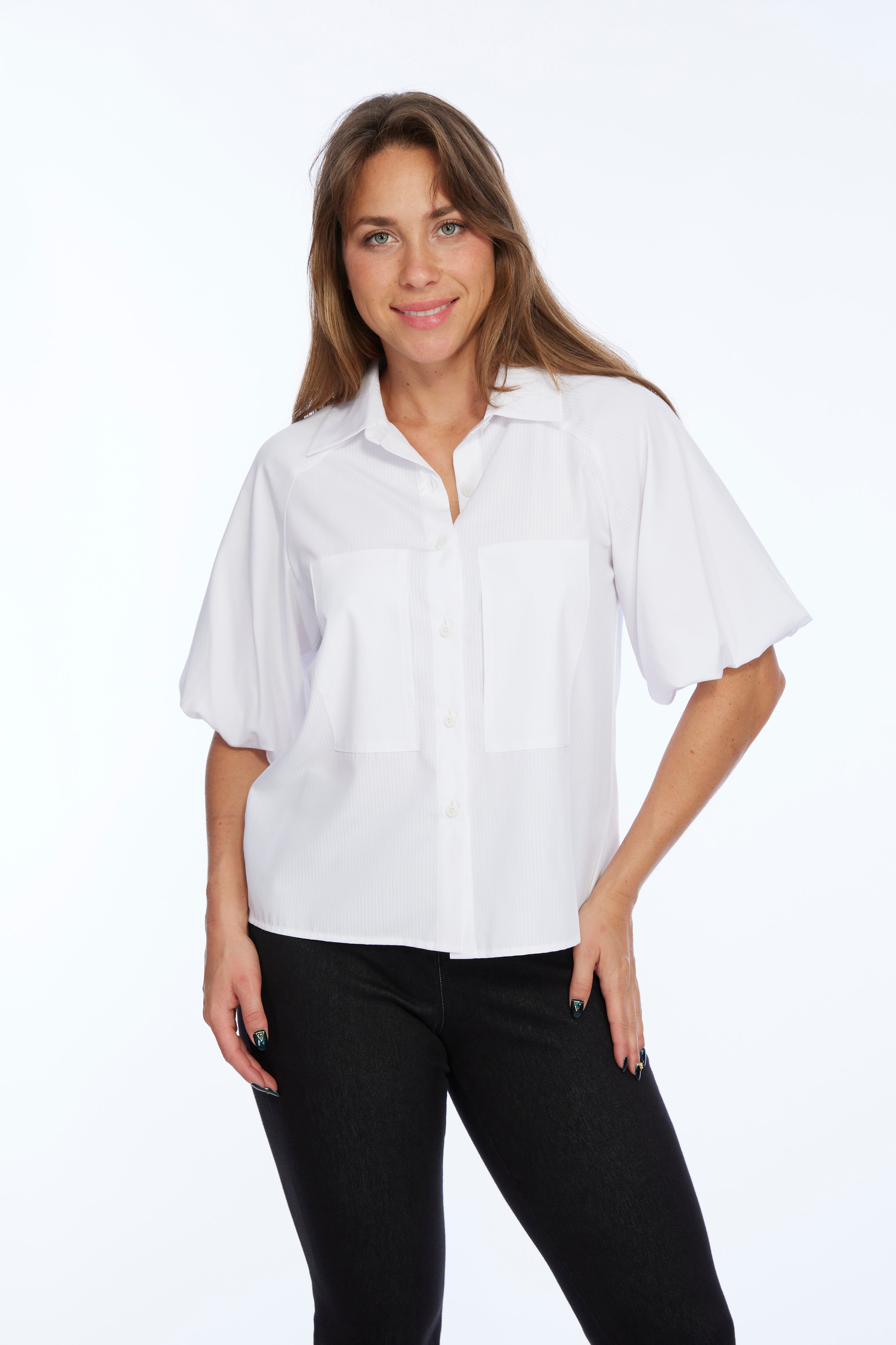 Stylish short balloon sleeve button up shirt