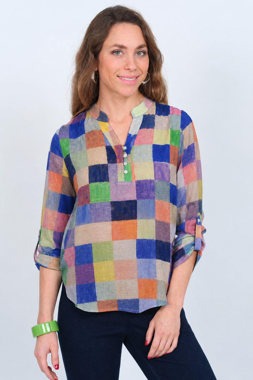 Lior Women's Colorful Checkered Pull Over Blouse With Roll Tab Sleeves - "JOELLE"