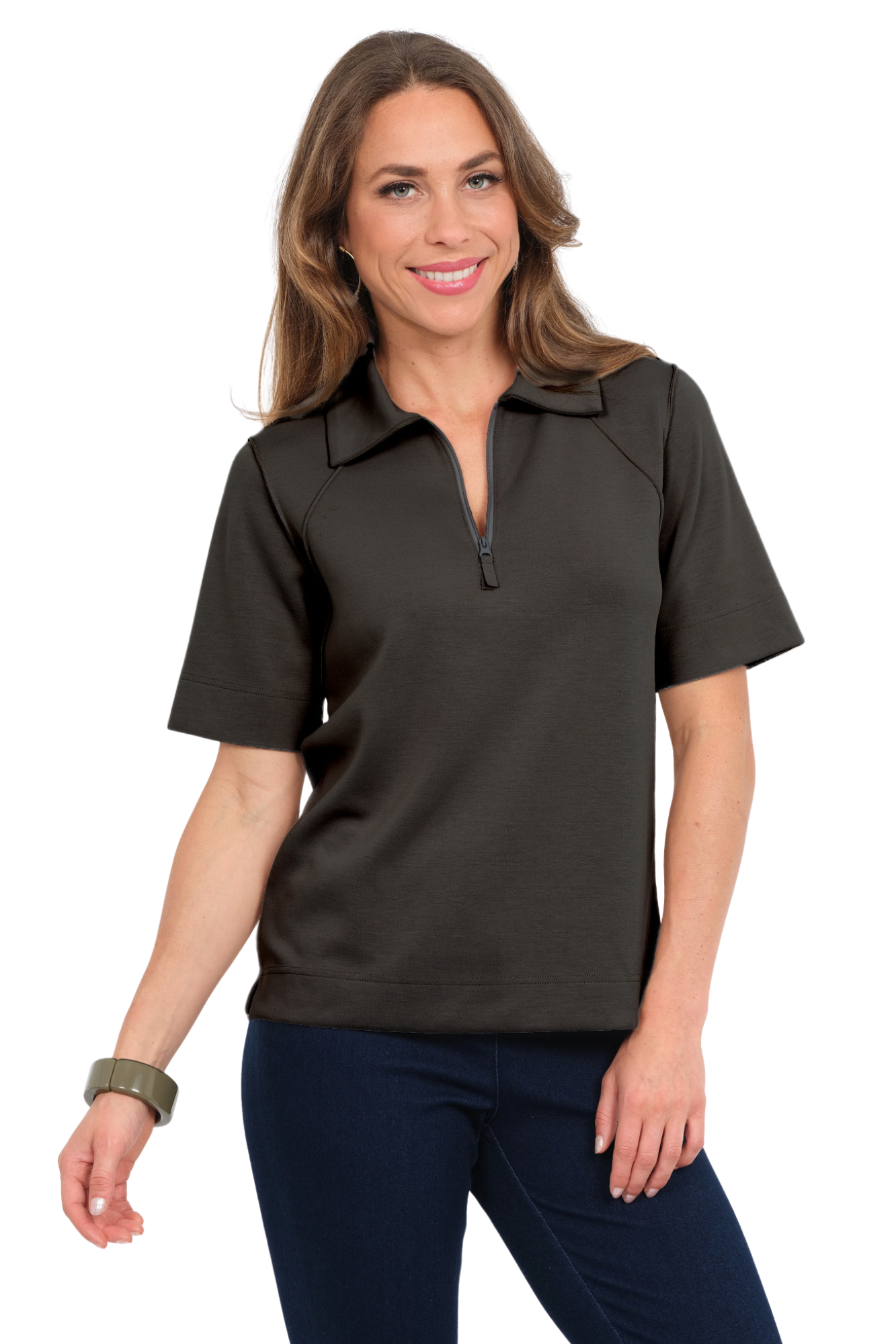 Women's Black Soft Short Sleeve Knit Top With Zip Up Neckline - "Kansas"