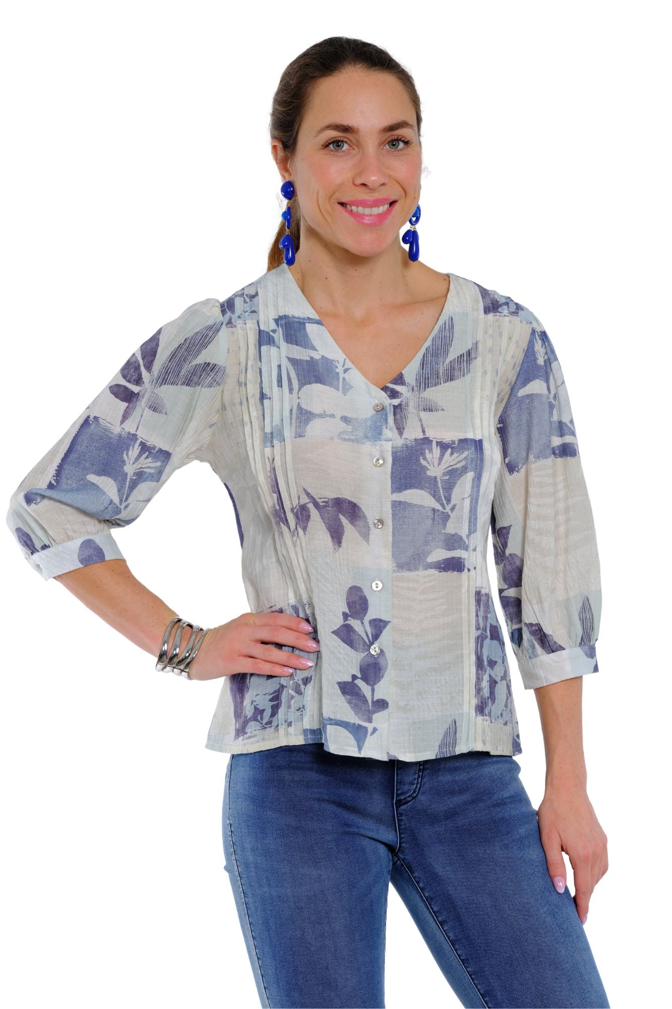 Women's blue floral 3/4 sleeve blouse with button front and casual fit