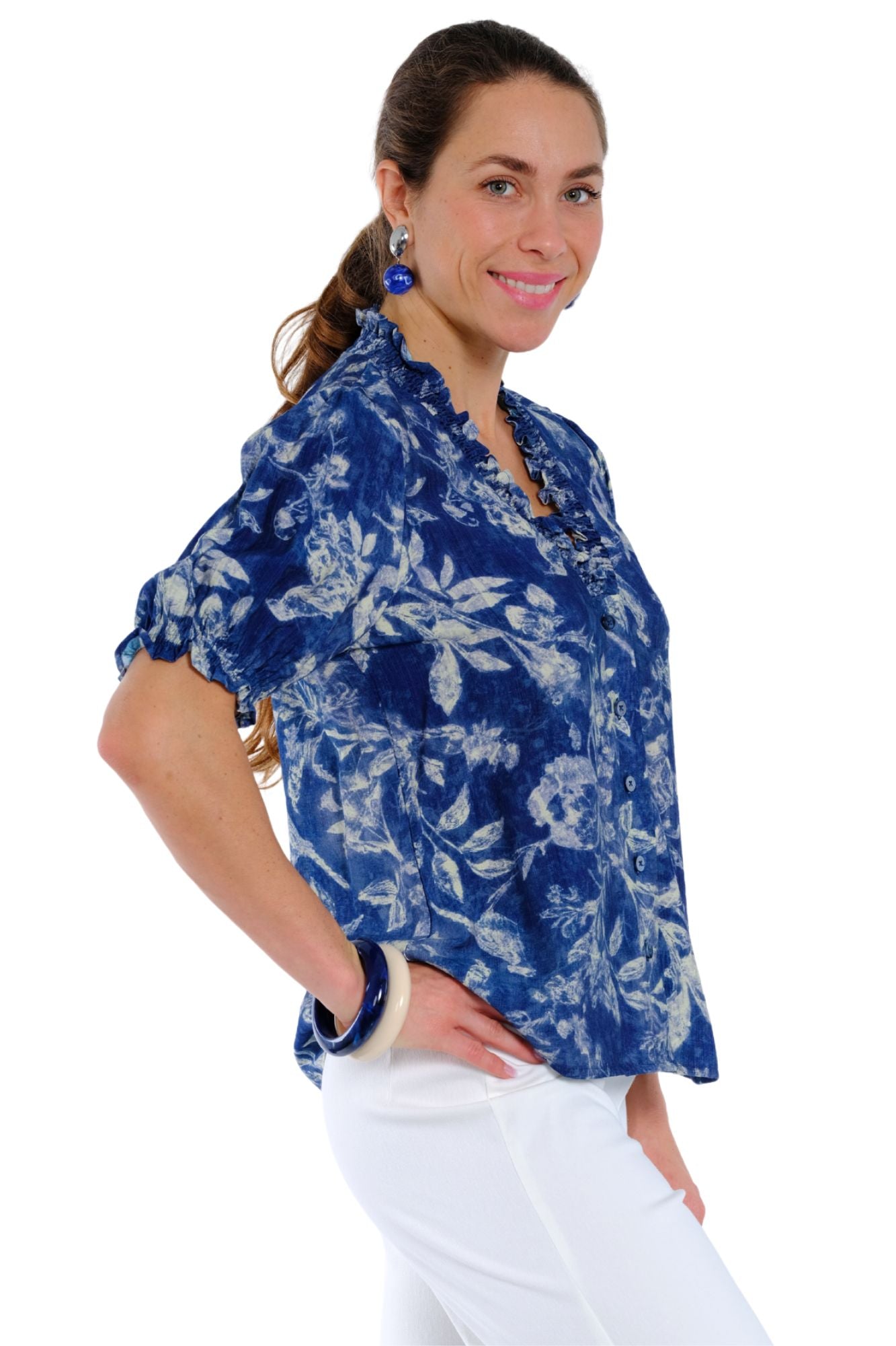 Casual summer floral V-neck blouse for women in relaxed fit style