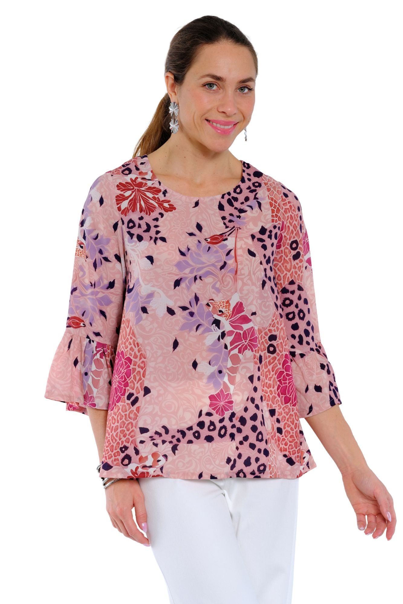 Women’s 3/4 bell sleeve printed blouse by LIOR with blush pink and lilac tones, relaxed fit