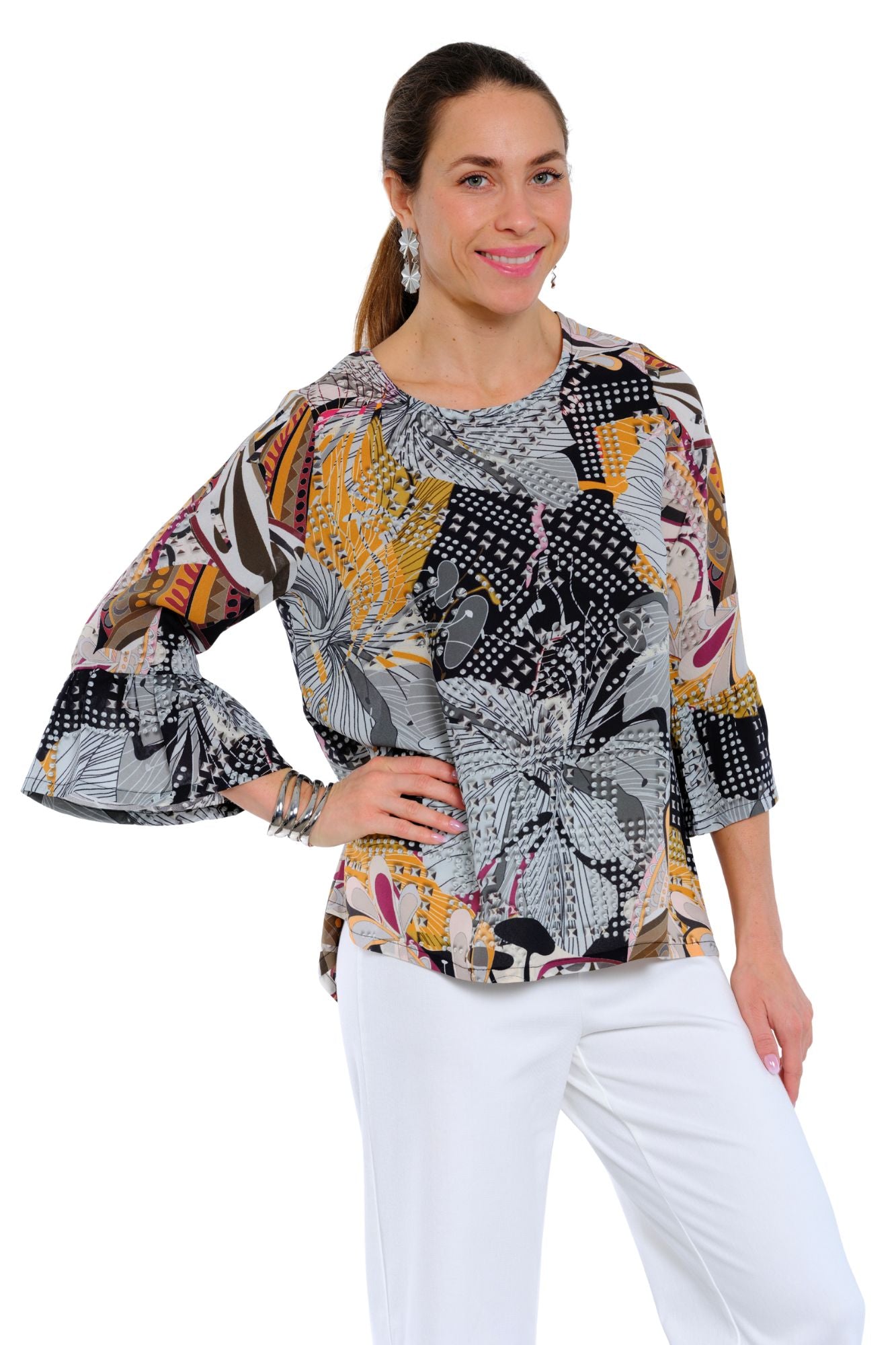 LIOR Millie multi-color printed bell sleeve top for women, lightweight wrinkle-resistant travel blouse