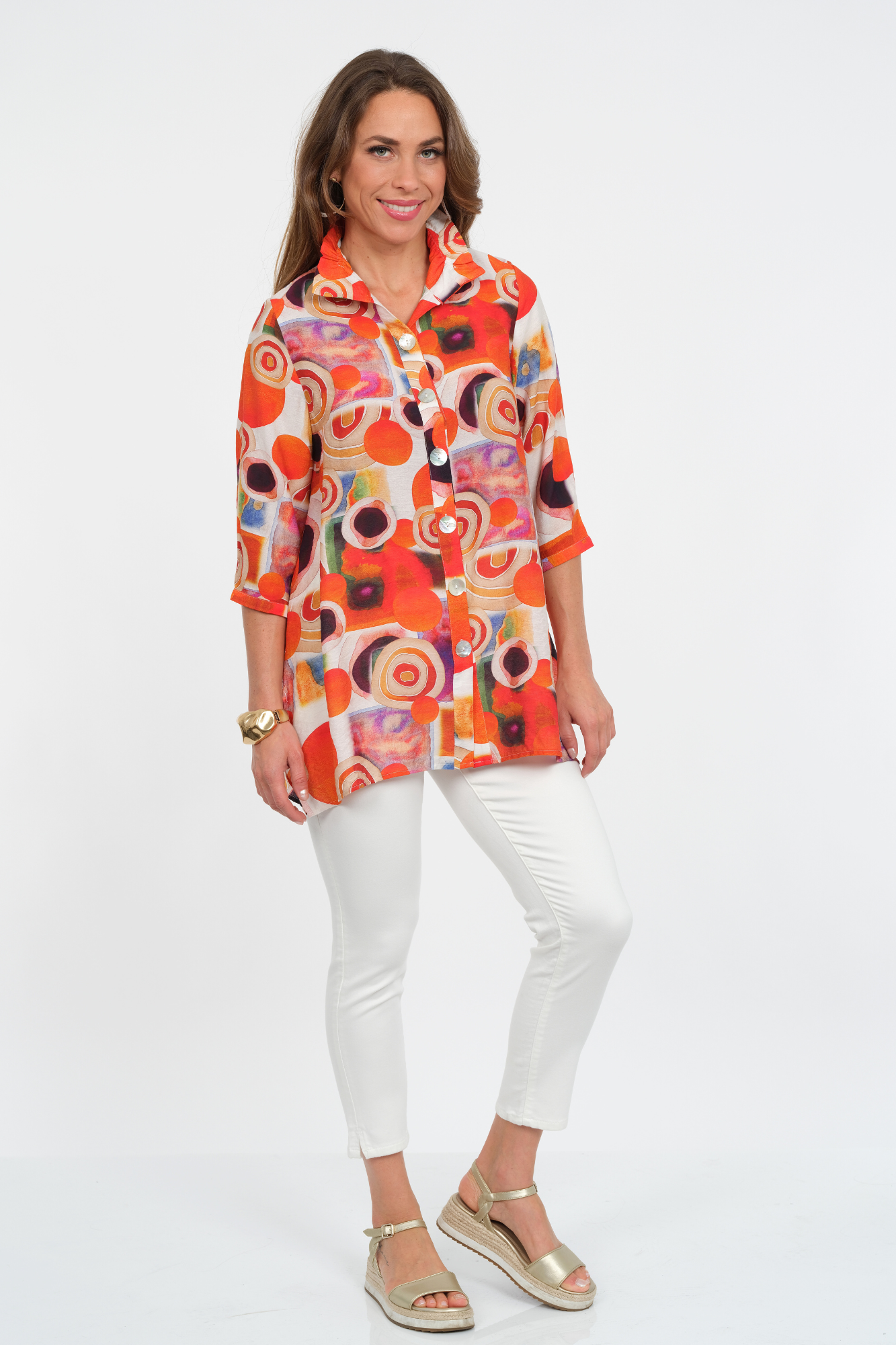 Women's Multi Abstract Stand Up Wire Collar Tunic Blouse Detailed Buttons - "Dora"