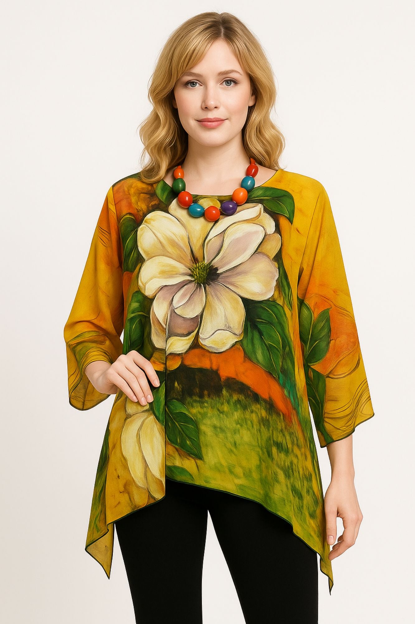 LIOR Women's Yellow Floral Print One Size Sheer Blouse