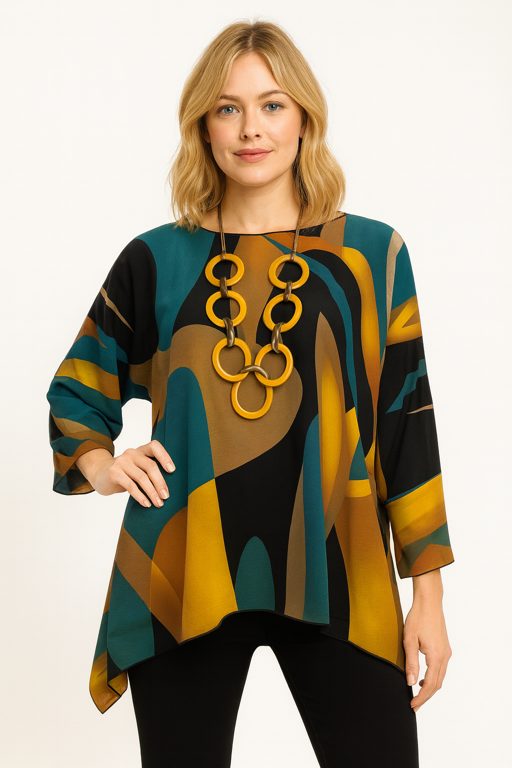 LIOR Women's Teal & Mustard Print One Size Sheer Blouse