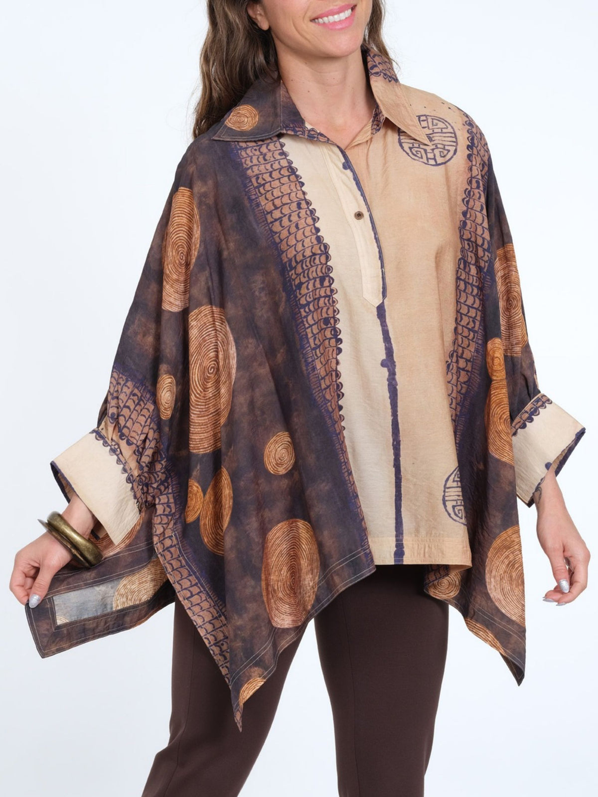 Women's Earth Brown Geometric Print One Size Collared Handkerchief Tunic - Flowy & Fits All - "S128"