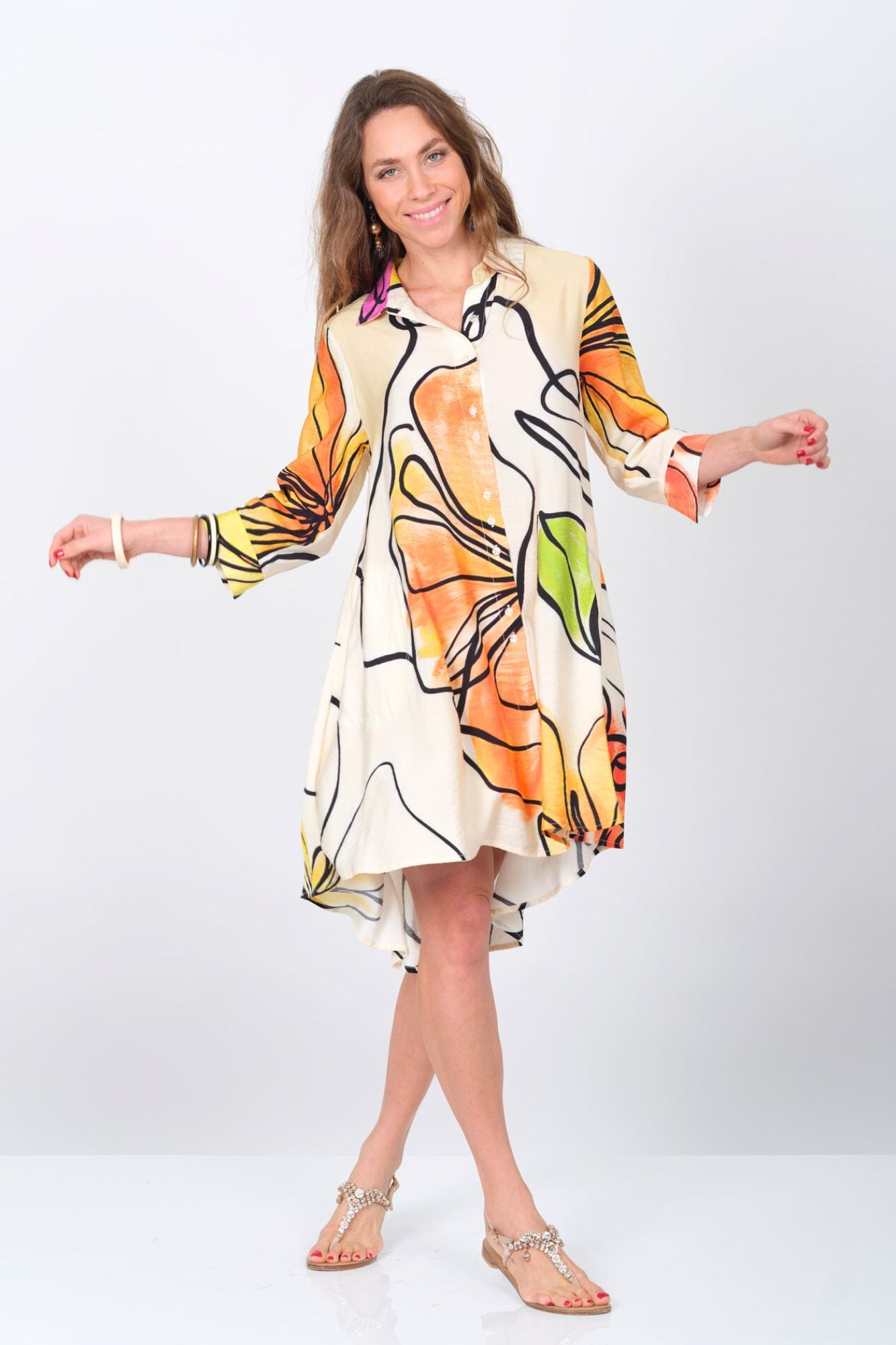 LIOR Women's Shirt Dress Button Front In Abstract Leaf Print -"S135" 68