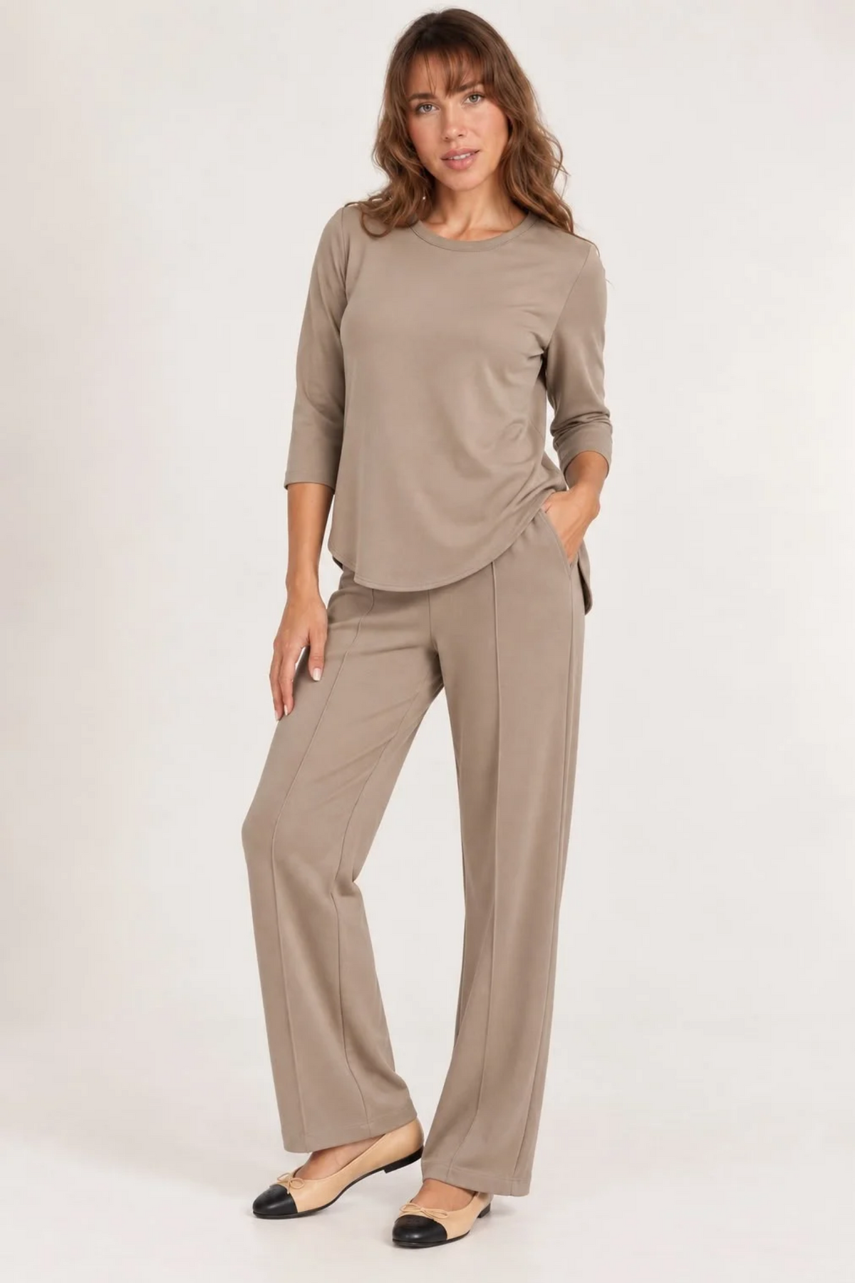 Women's 2 Piece Soft Taupe Leisure Set Ft. Zofi 3/4 Knit Top & 28" Inseam Pull On Tapered Pant - "Zia"
