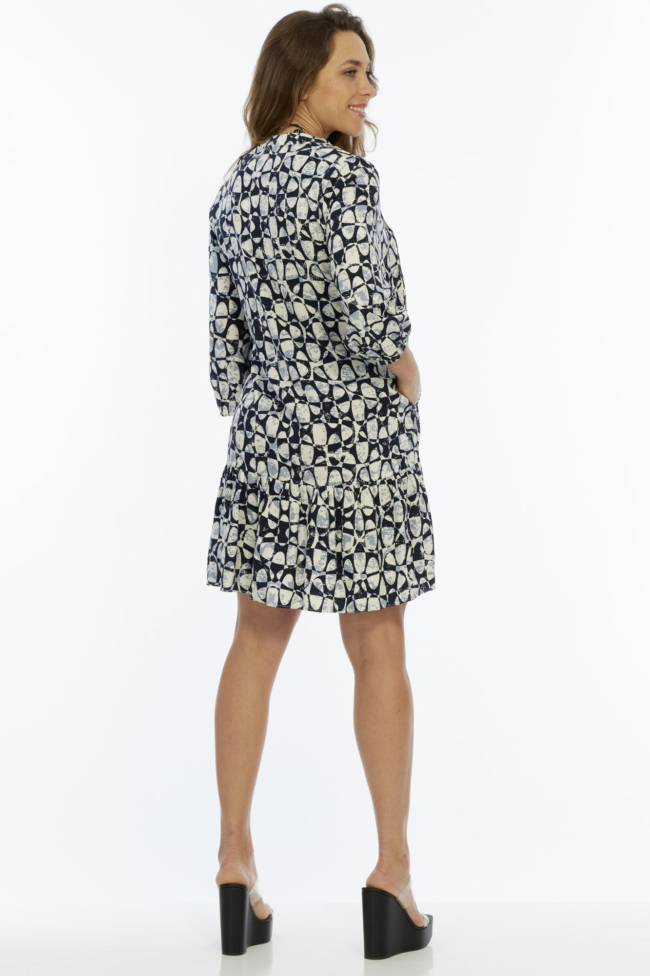 LIOR Women's White & Navy Knee Length Dress With 3/4 Sleeves - "Vita"