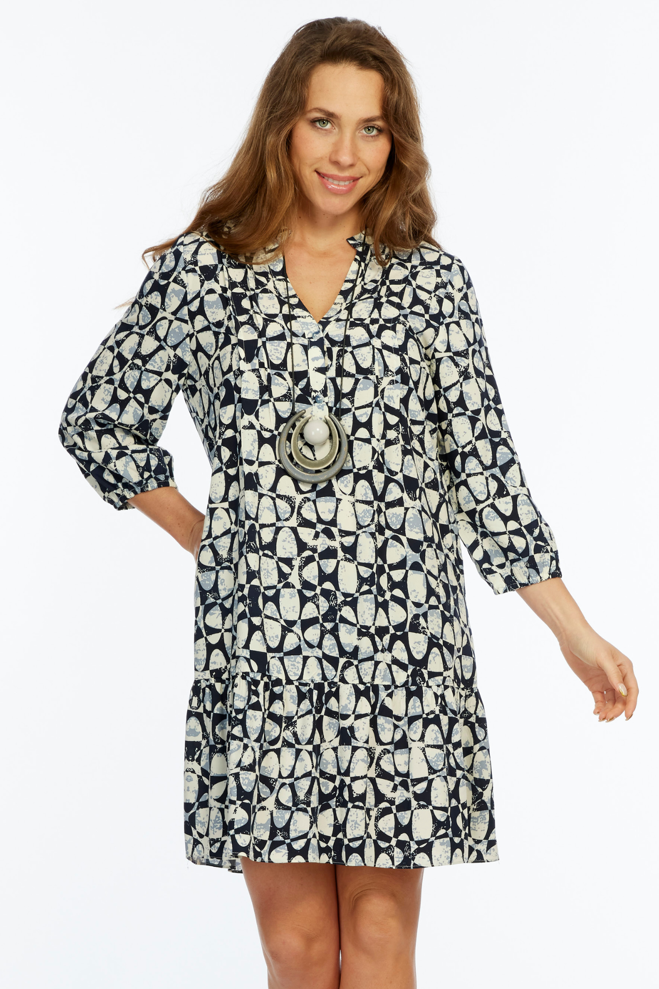 LIOR Women's White & Navy  Knee Length Dress With 3/4 Sleeves - "Vita"