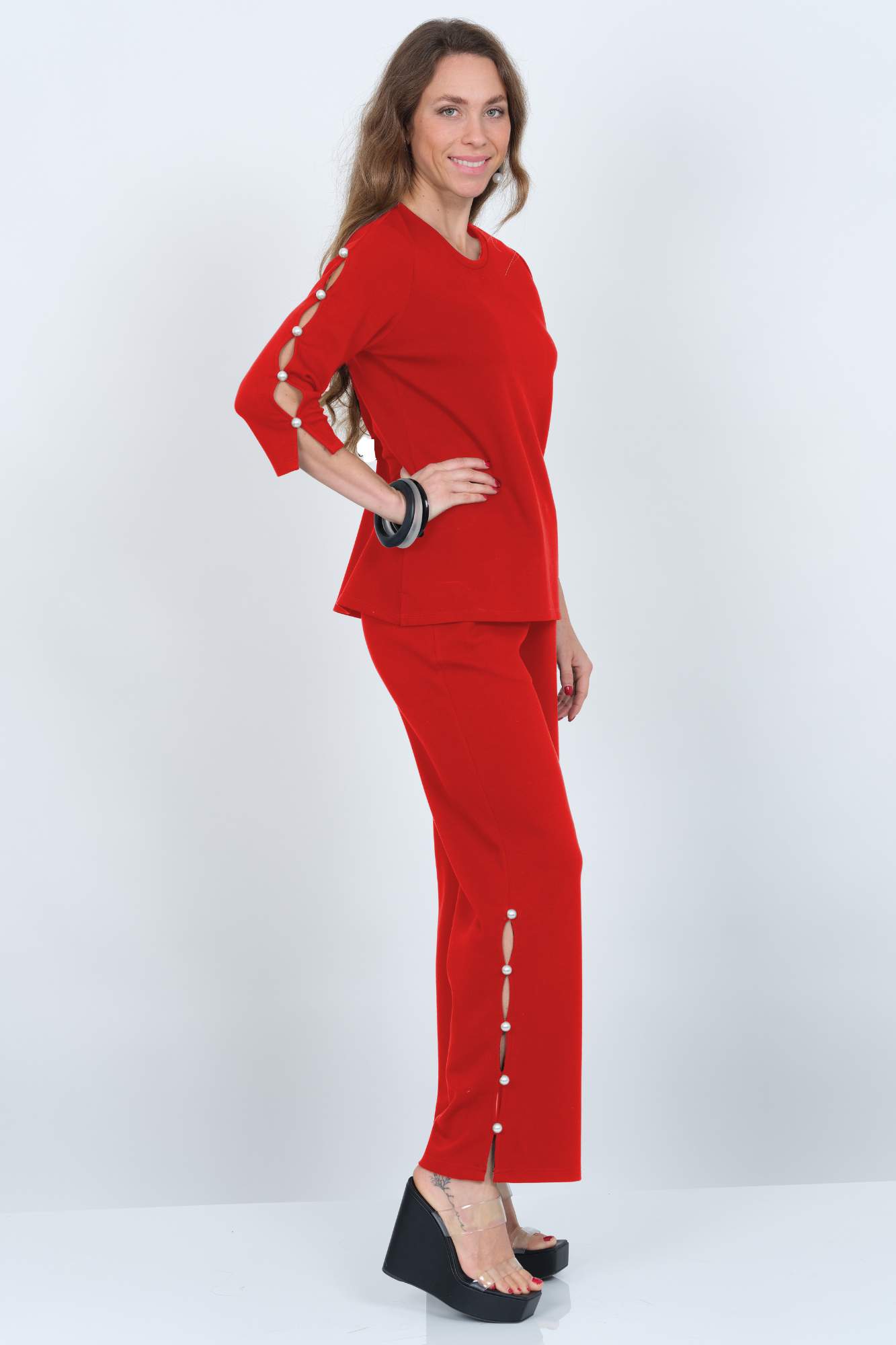 red Flare Pants with Peek-A-Boo Detail