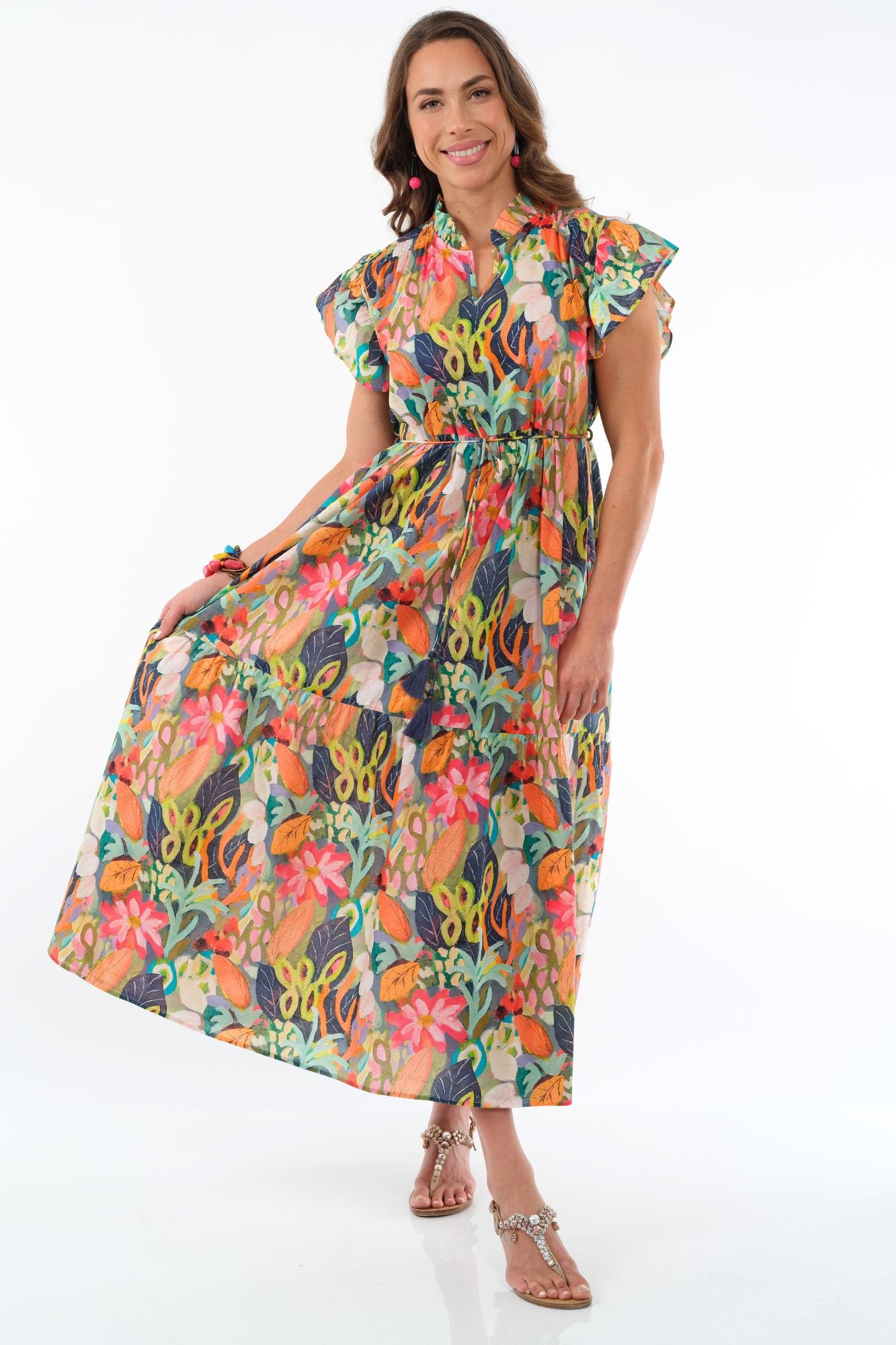 LIOR Women's Long Orange Floral Dress Tiered Hem Ruffle Neck & Short Sleeves  - "Sophiya"