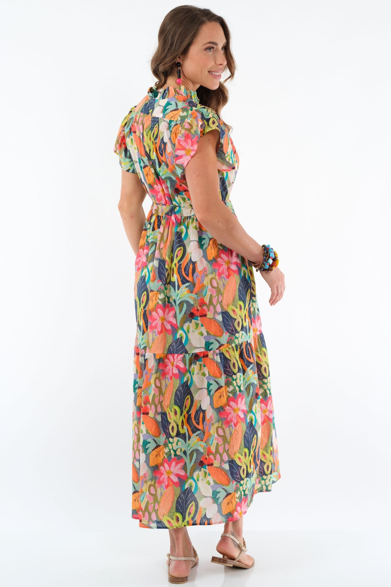 LIOR Women's Long Orange Floral Dress Tiered Hem Ruffle Neck & Short Sleeves  - "Sophiya"