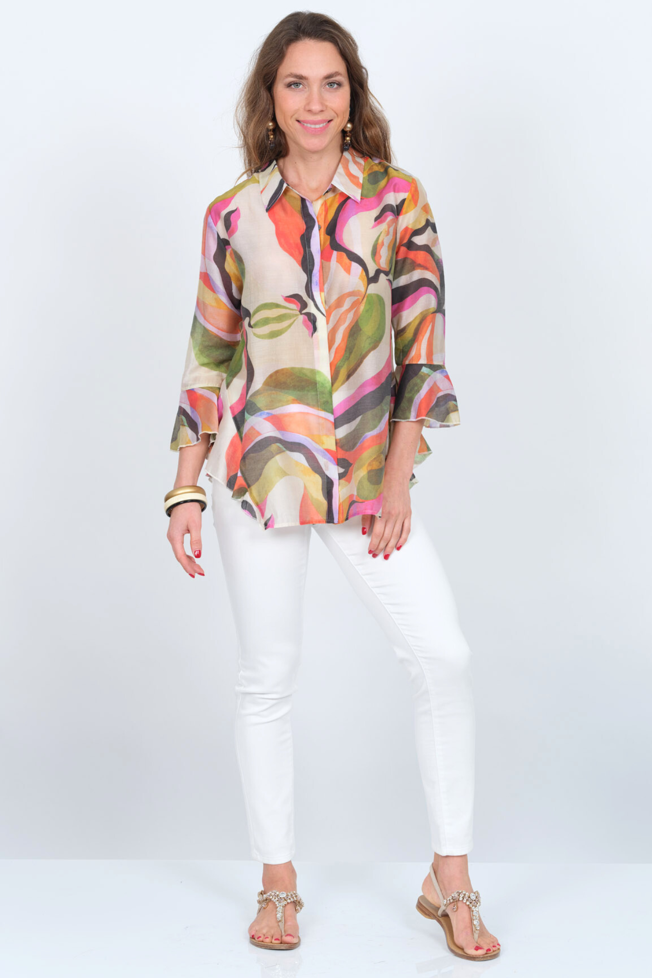 LIOR Women's Pink Multi Print Blouse With 3/4 Flowy Sleeves & Side Flounce - "Happy"