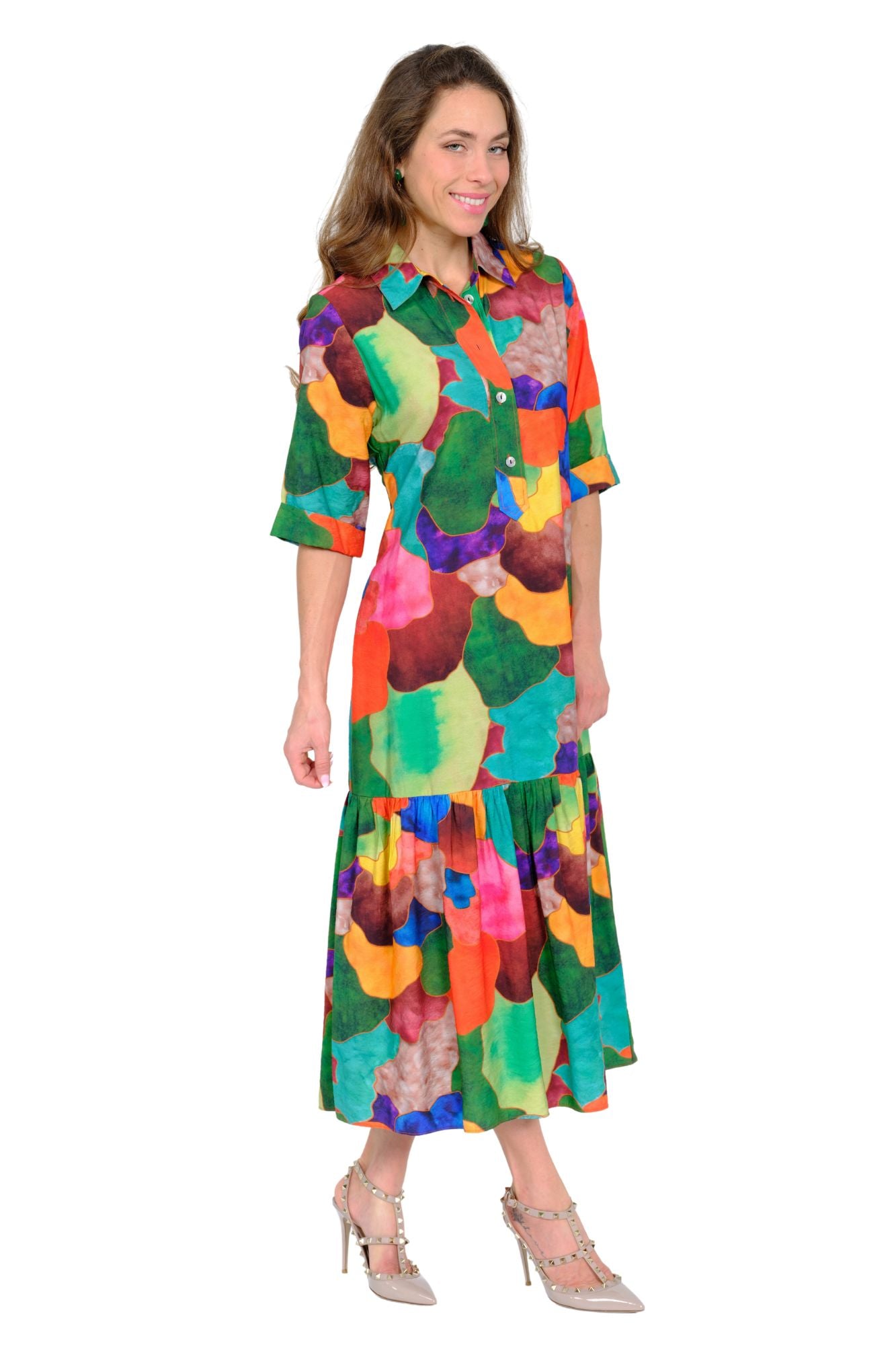LIOR Women's Colorful Button Front Midi Dress 3/4 Sleeves - "Vega"