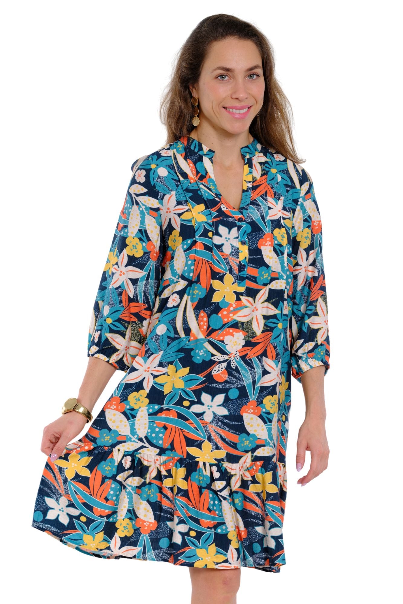 Hawaiian floral print dress for women in vibrant tropical colors