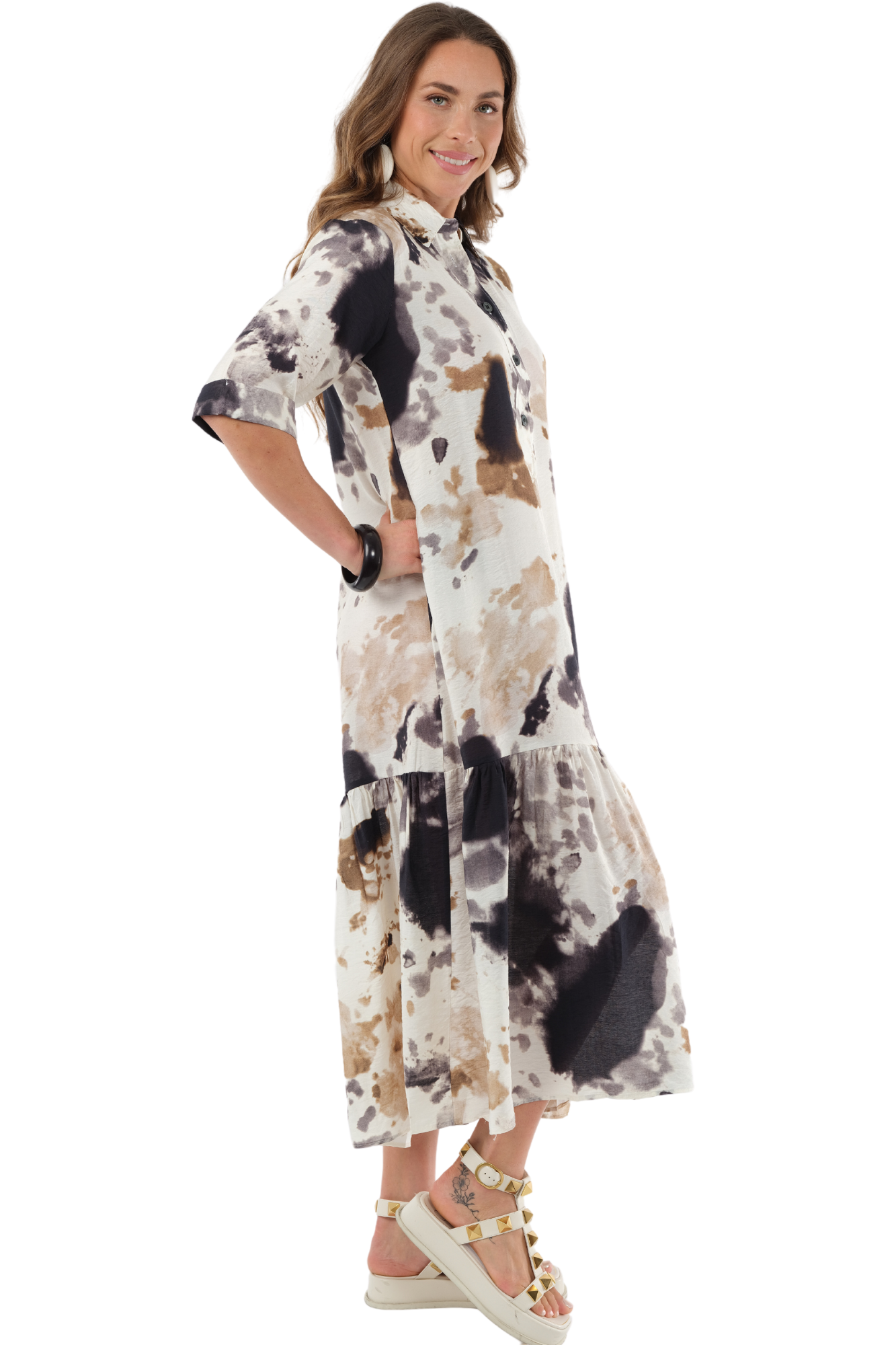 white and black Artistic Print Maxi Dress