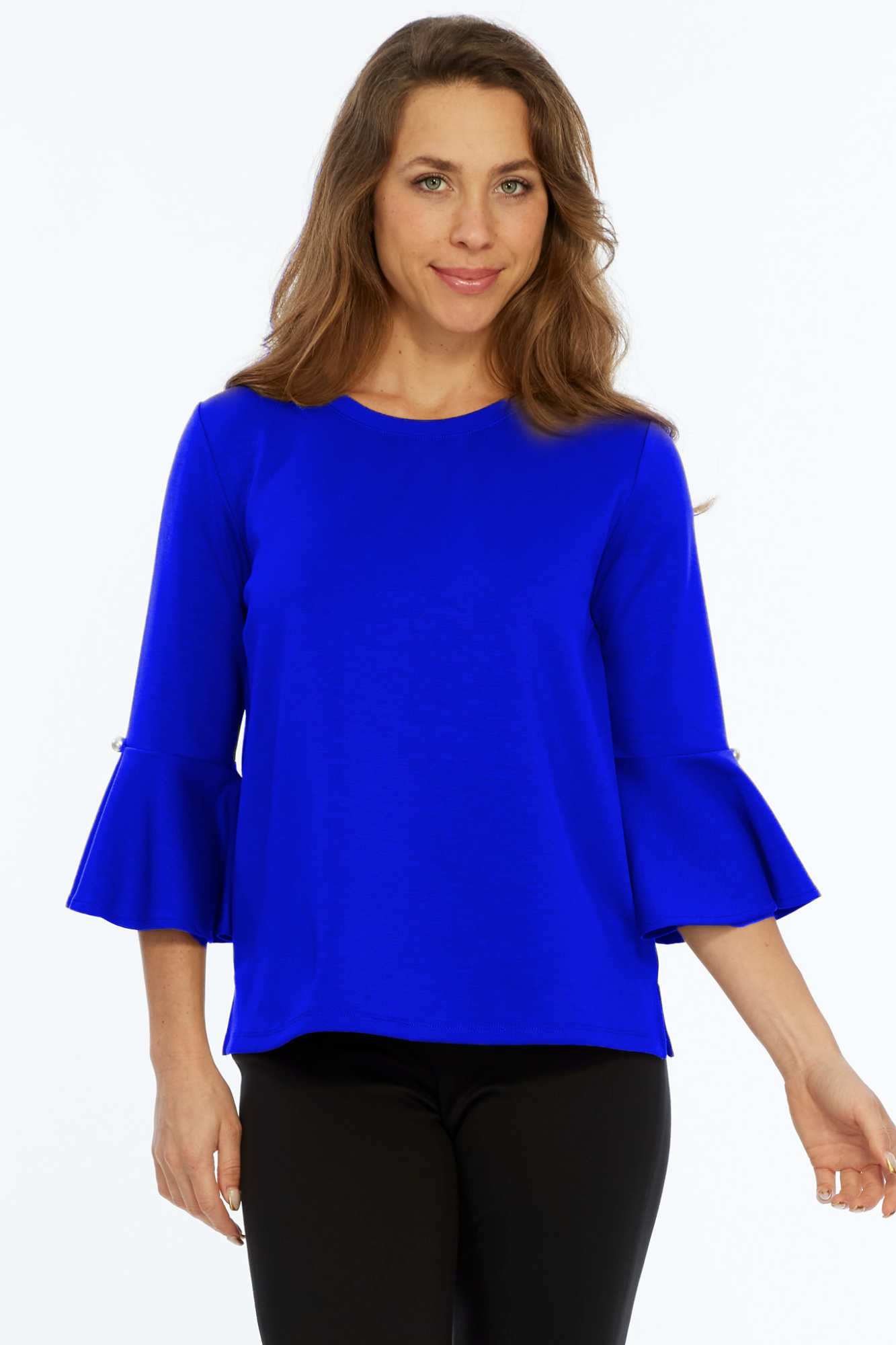 Solid Bell Sleeve Knit Top Round Neck - Bright Blue | ZEE | LIOR